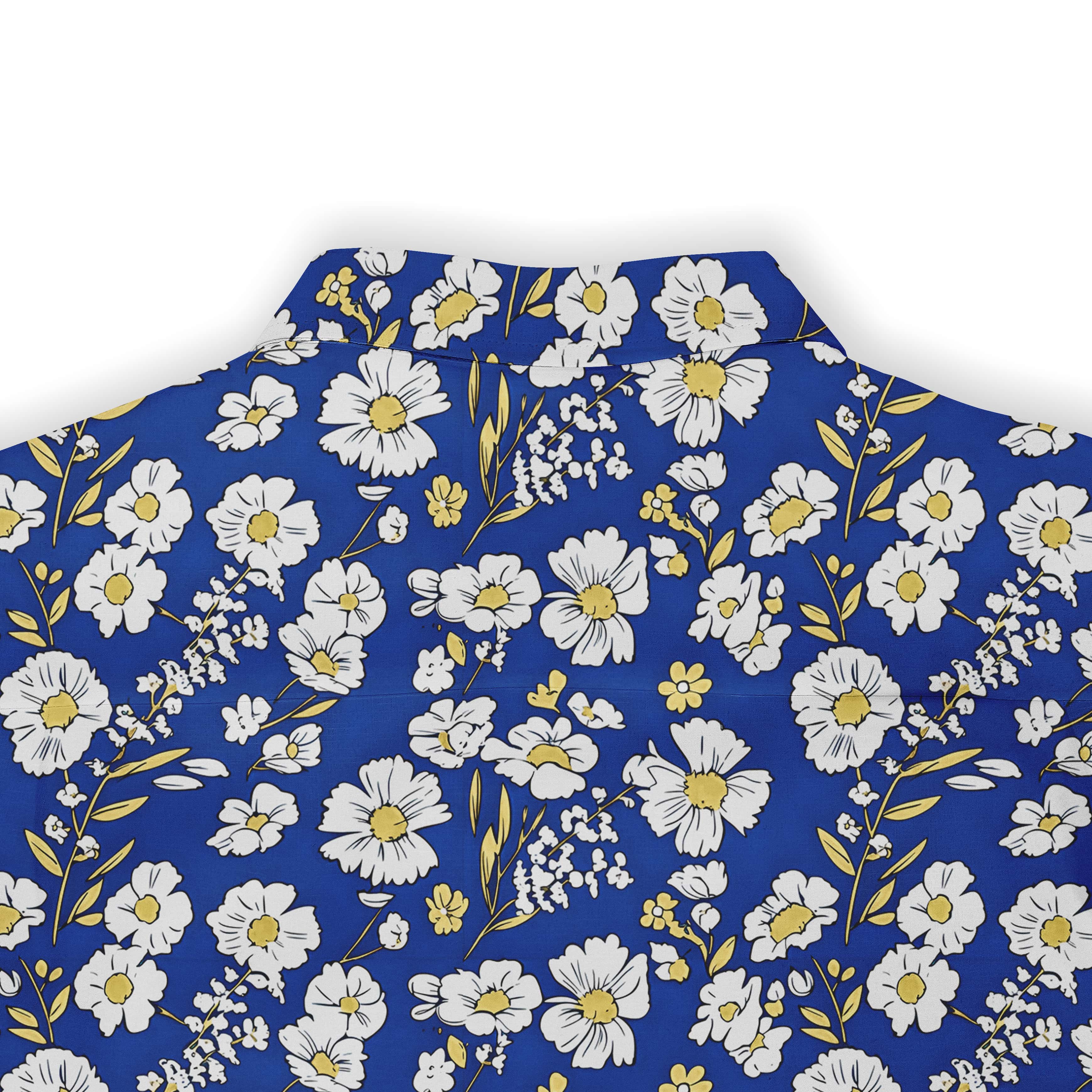 Blue shirt with white and yellow floral pattern.