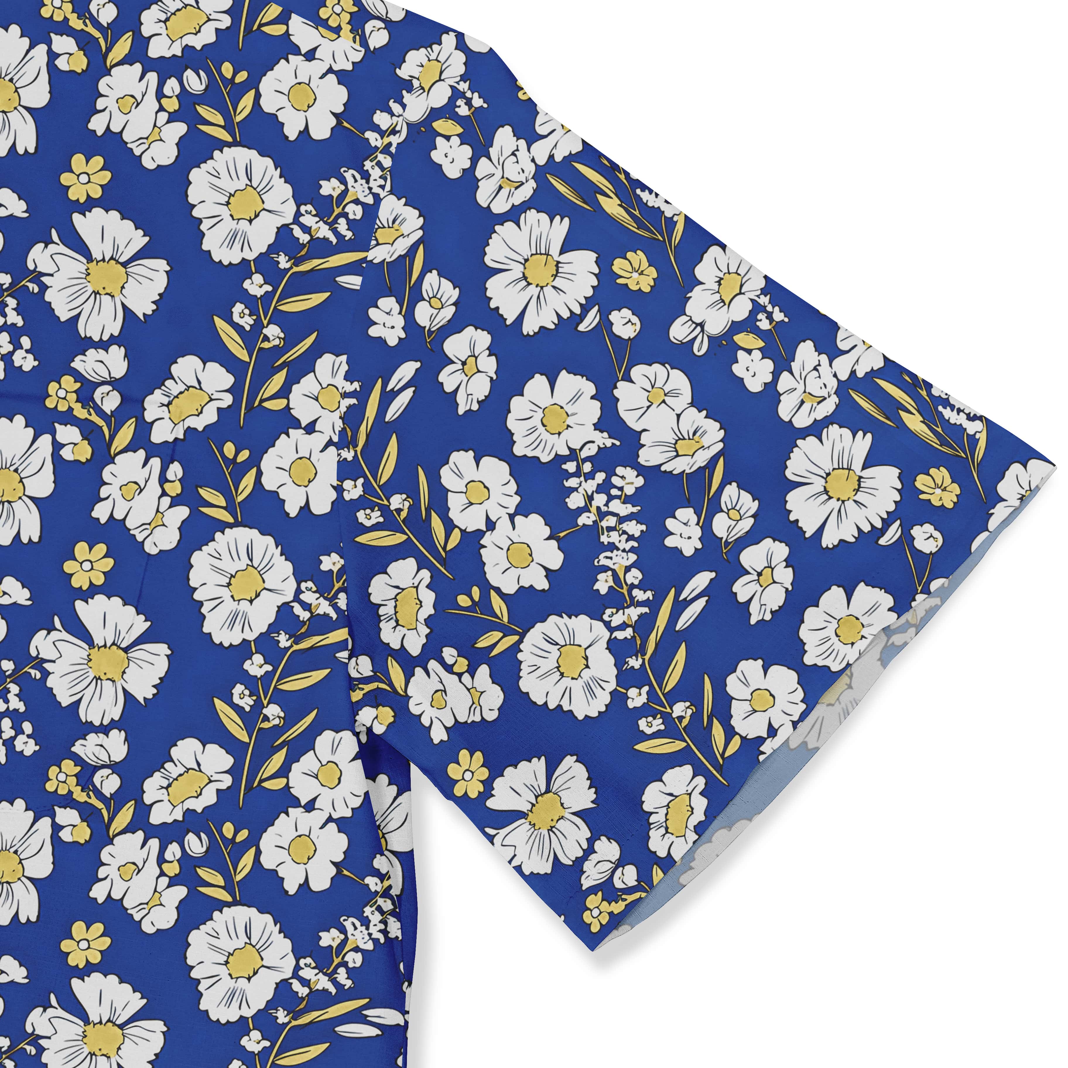 Blue fabric with white and yellow floral pattern.
