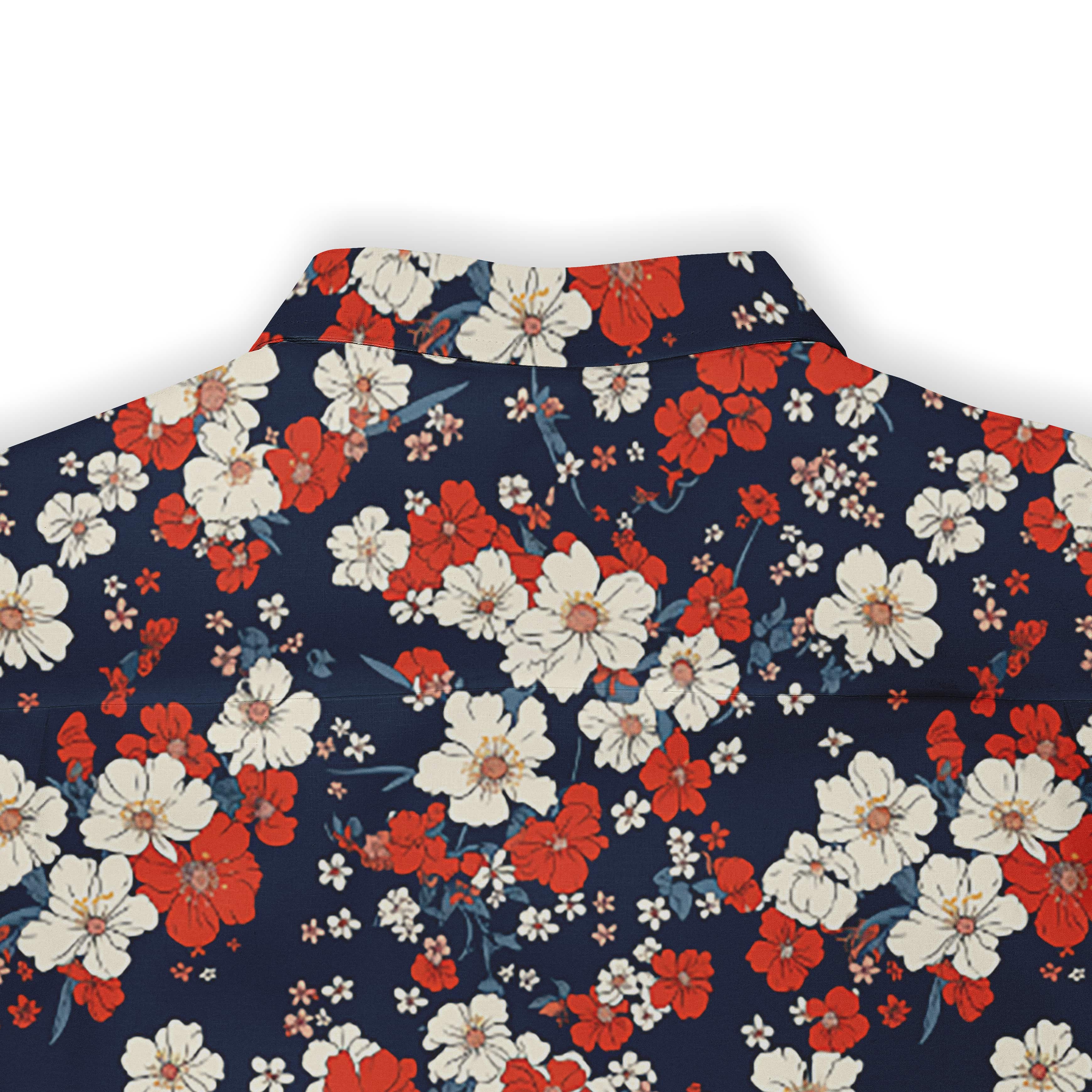 Floral pattern shirt with red and white flowers on a blue background.