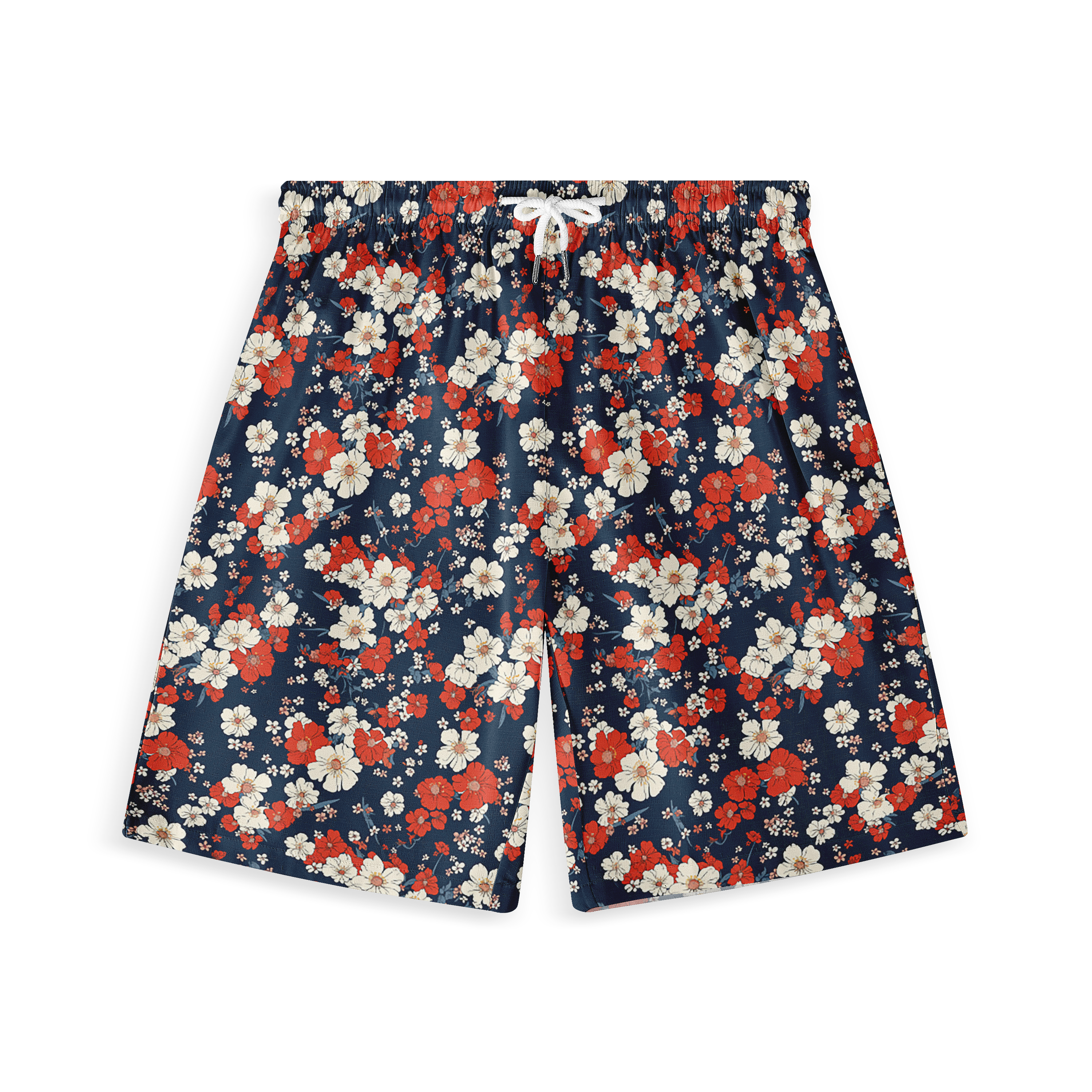 Navy shorts with red and white floral pattern.