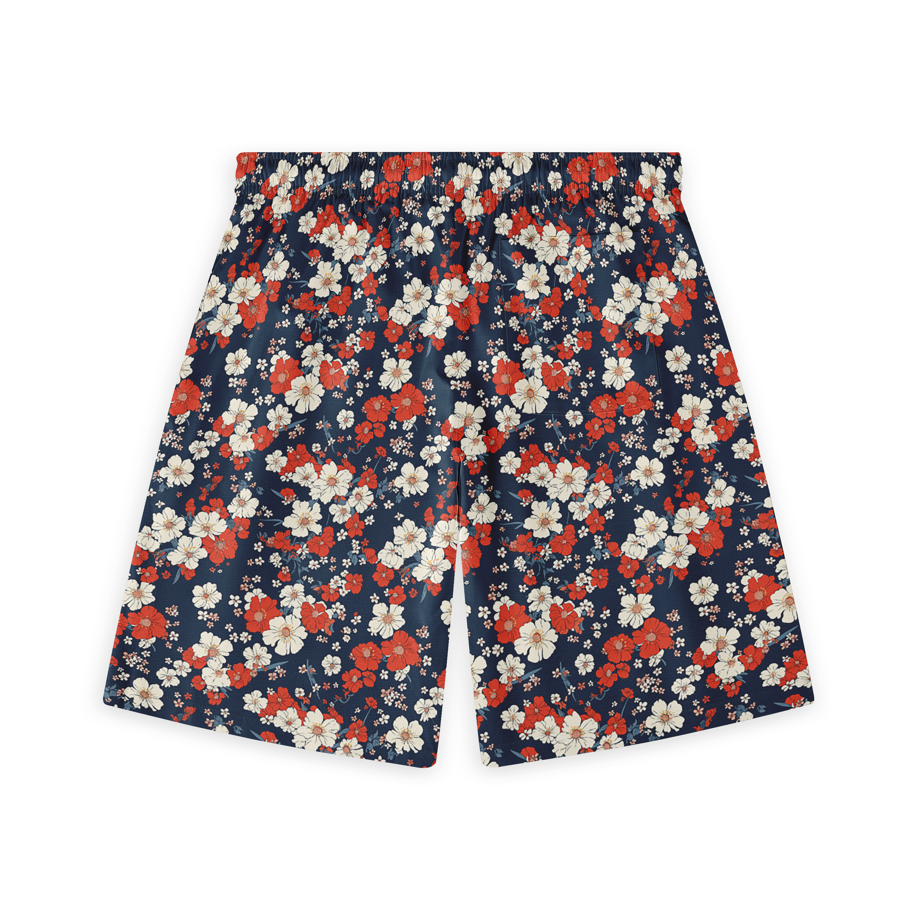 Navy blue shorts with a vibrant floral pattern featuring red.