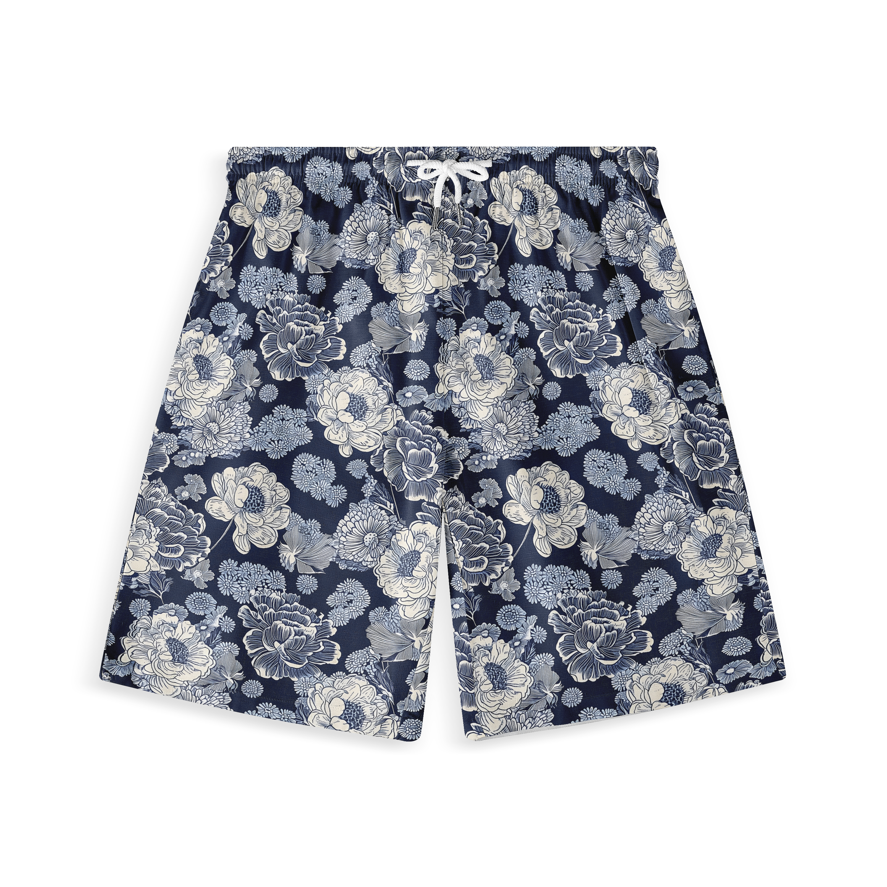 Navy blue shorts with white floral pattern.