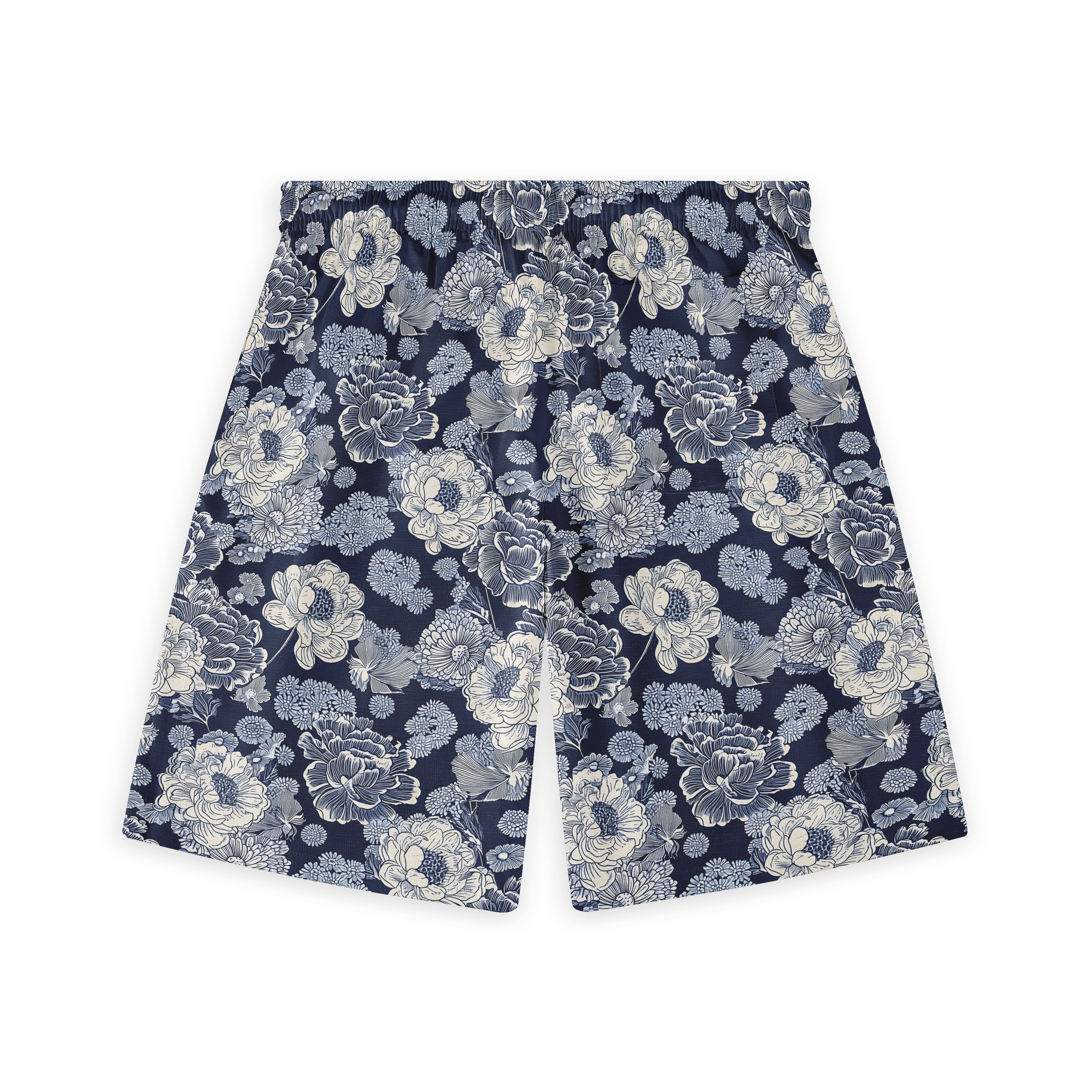 Navy blue shorts with white floral pattern.