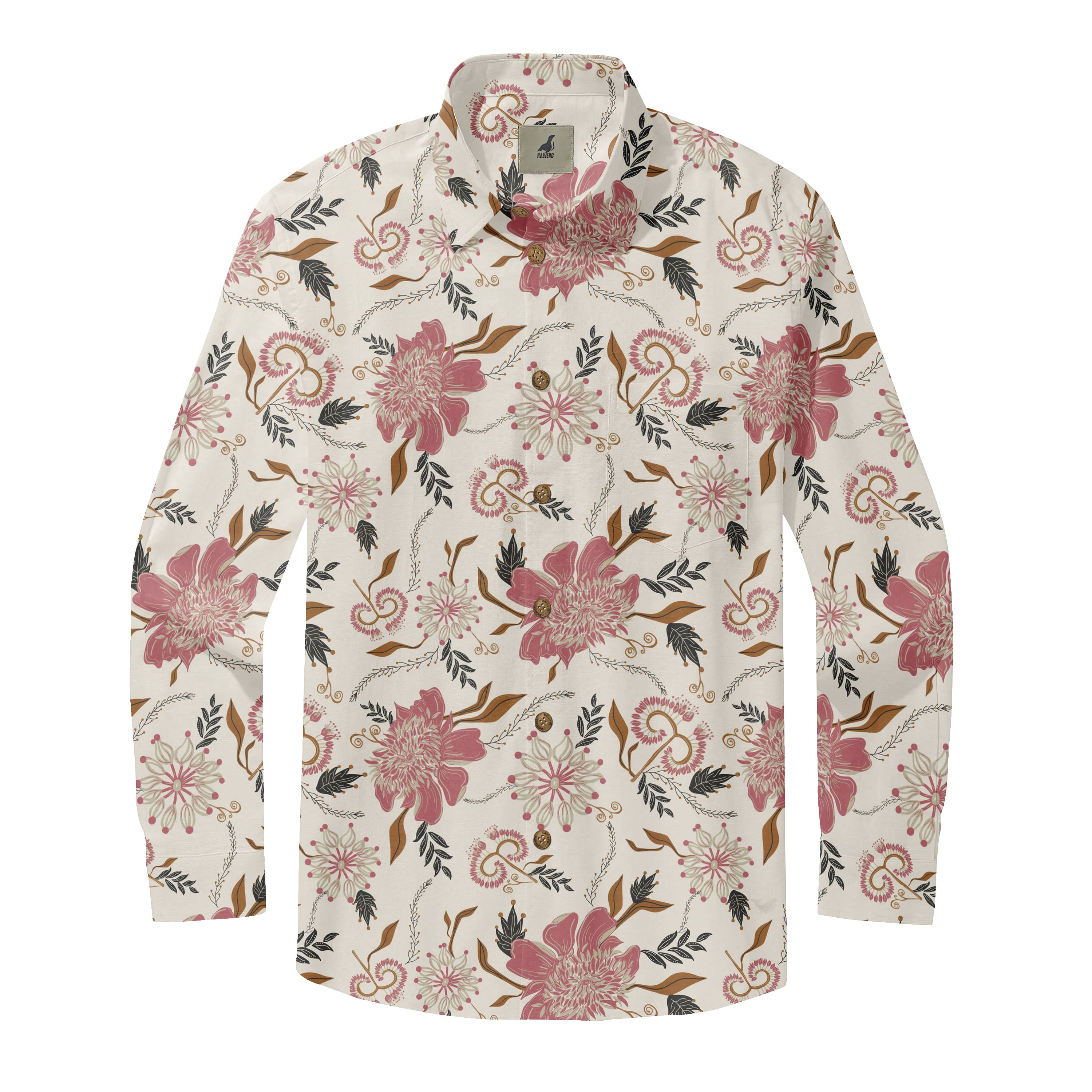 Cream Tropical Floral Long Sleeve Hawaiian Shirt
