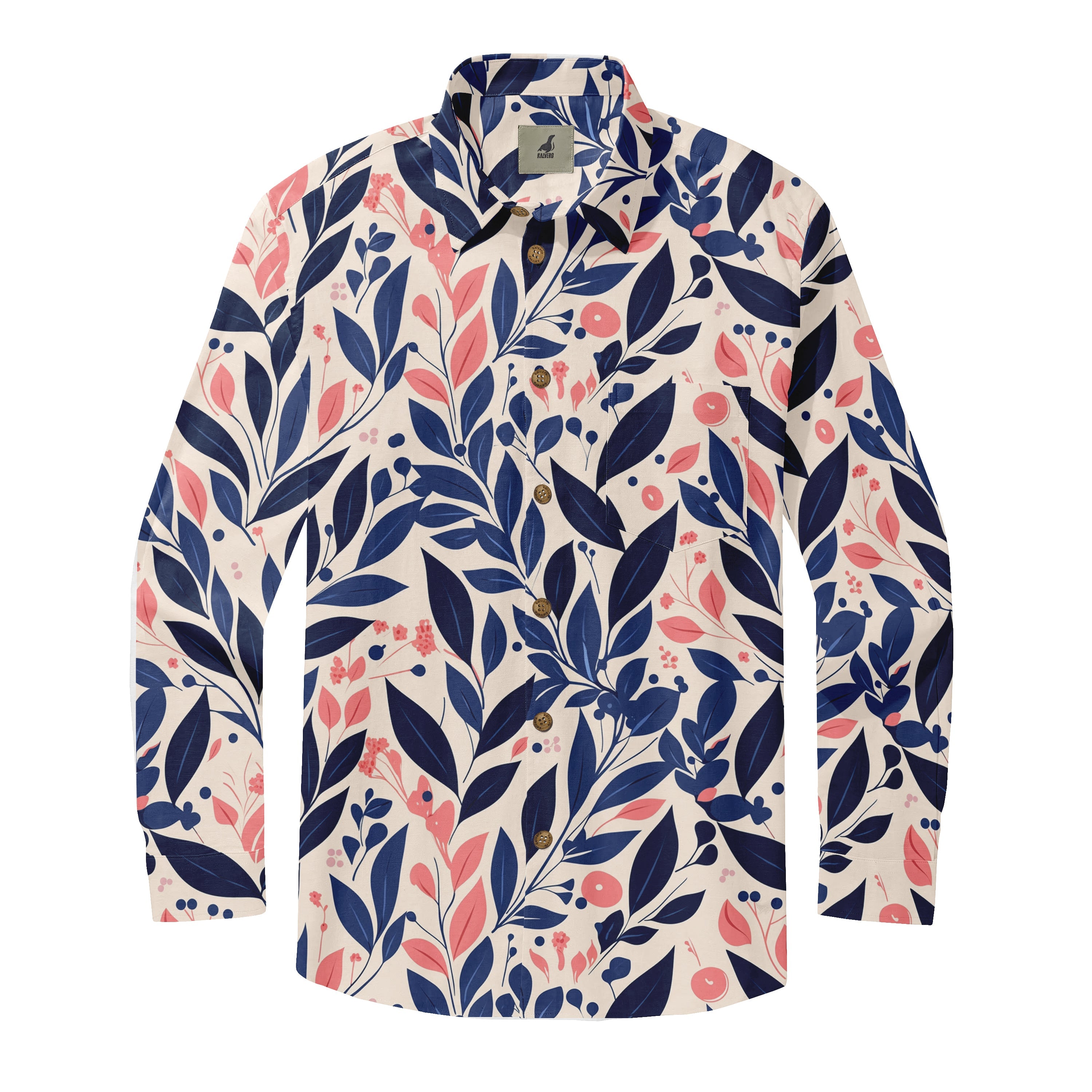 Floral-patterned long-sleeve shirt with navy blue and pink leaves.