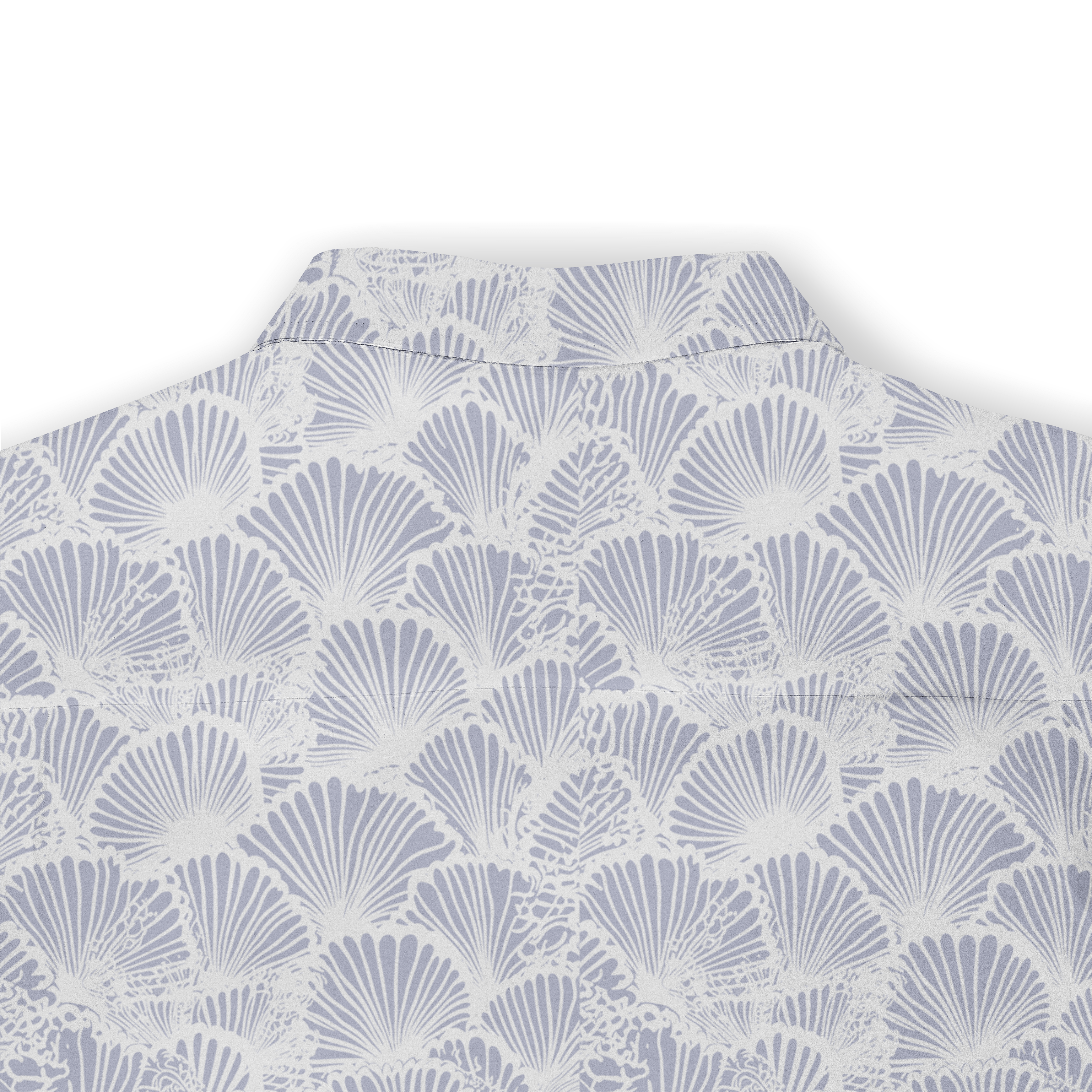 Light blue and white shell-patterned shirt with a high collar.