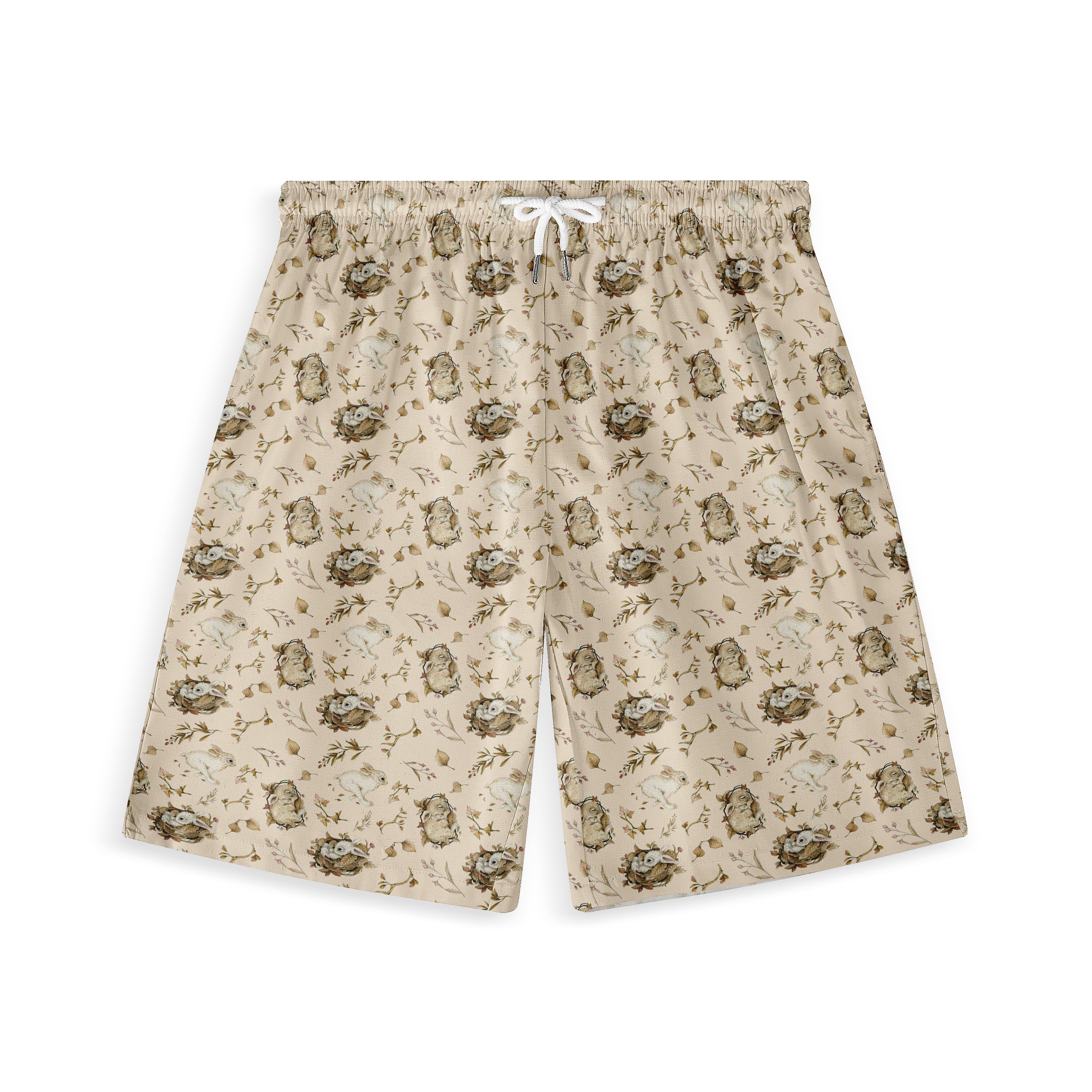 Beige shorts with a cute rabbit and floral pattern, featuring an.