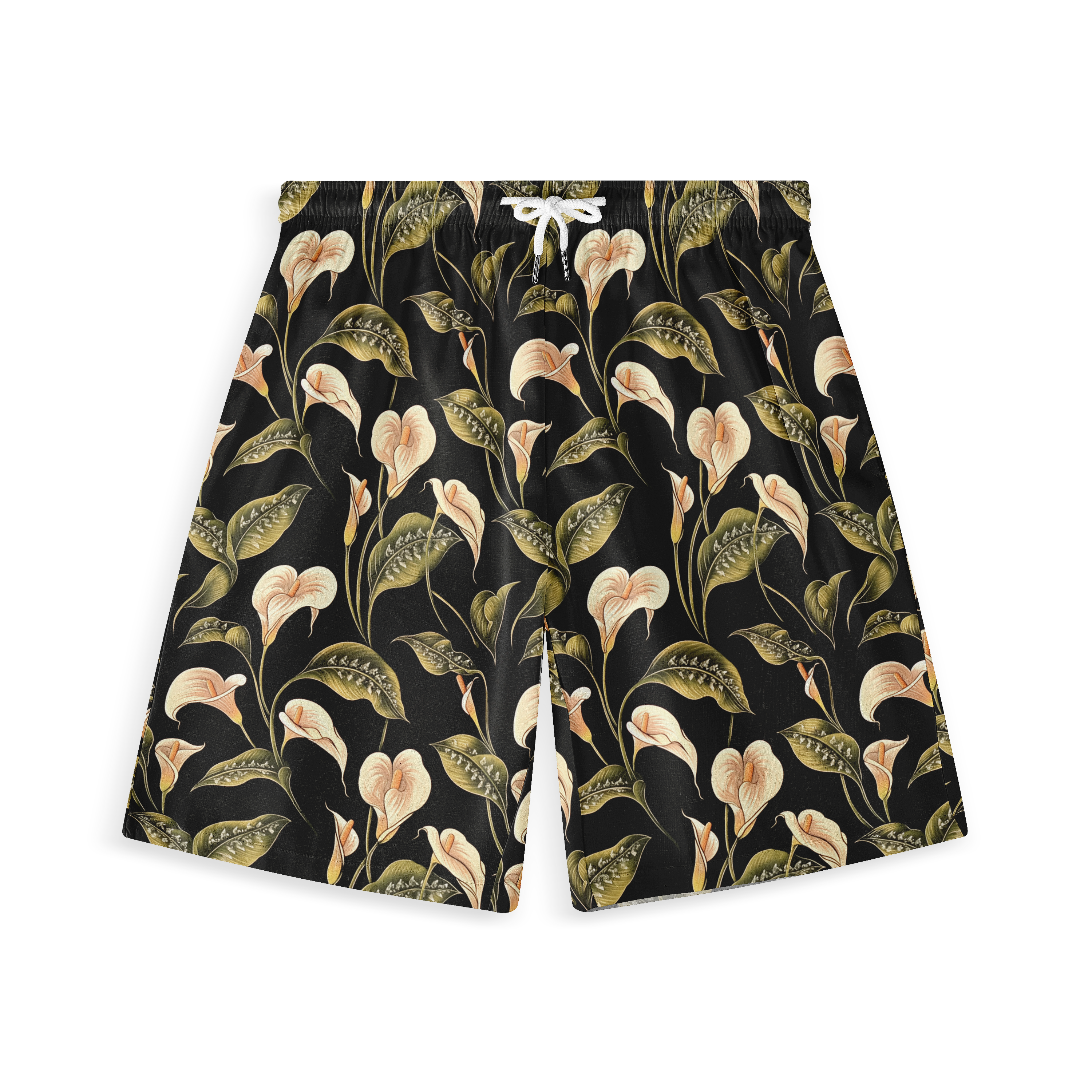Black shorts with cream calla lily and green leaf pattern.