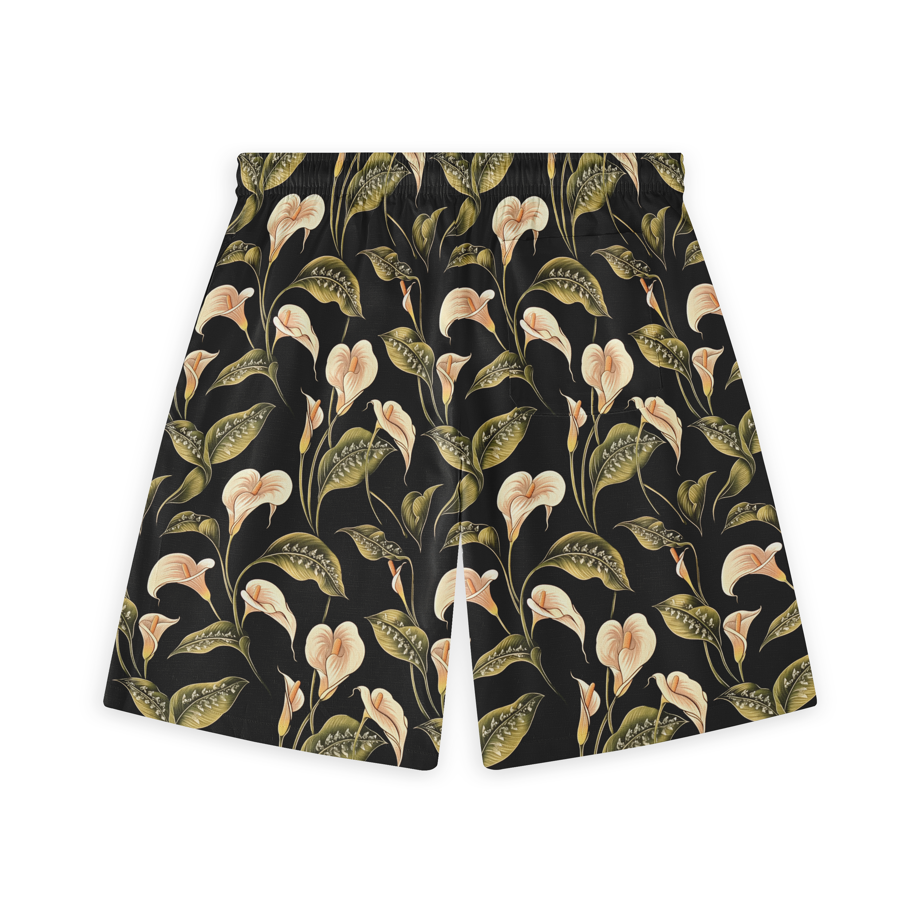 Black shorts with cream calla lily and green leaf pattern.