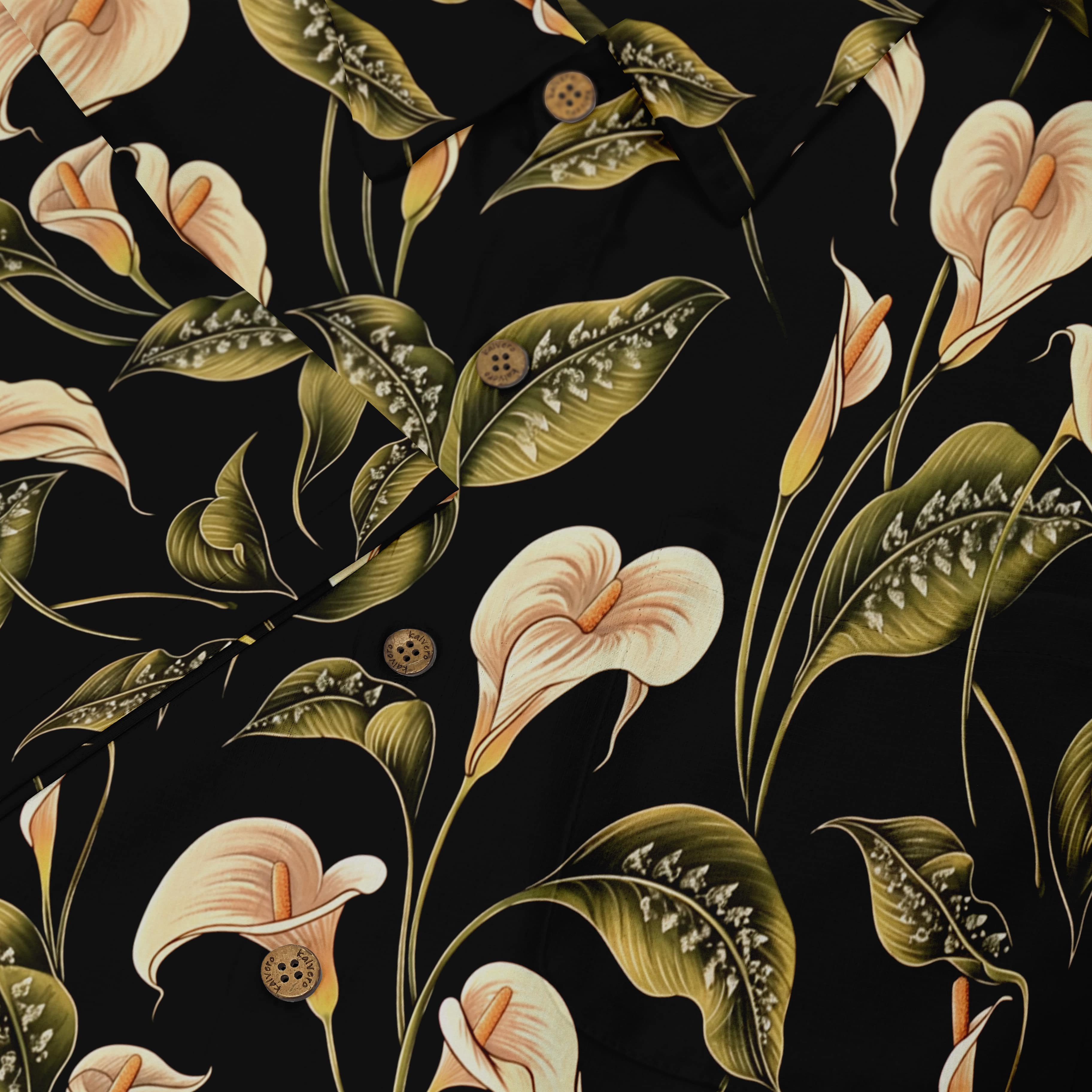 Black shirt with white calla lilies and green leaves pattern.