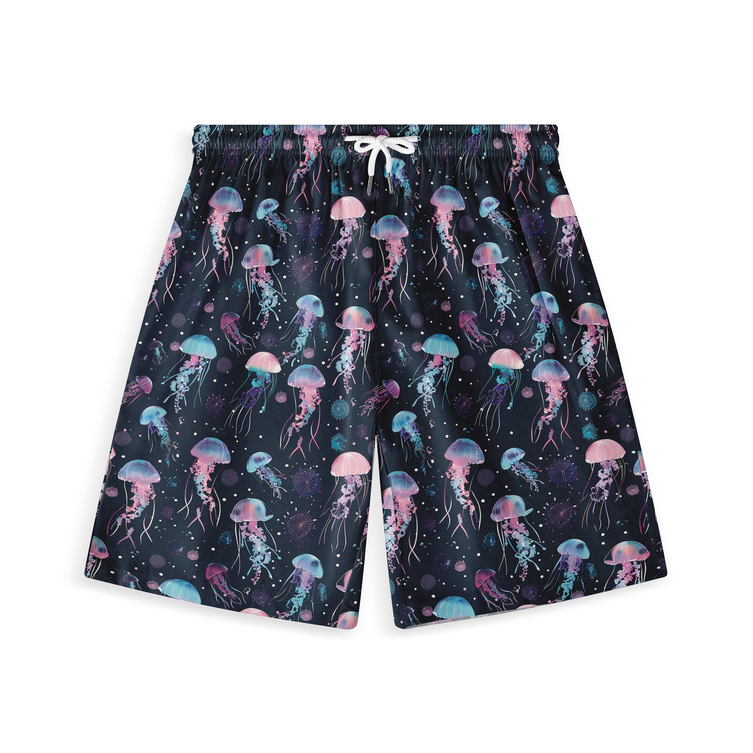 Dark shorts with colorful jellyfish print and white drawstring.