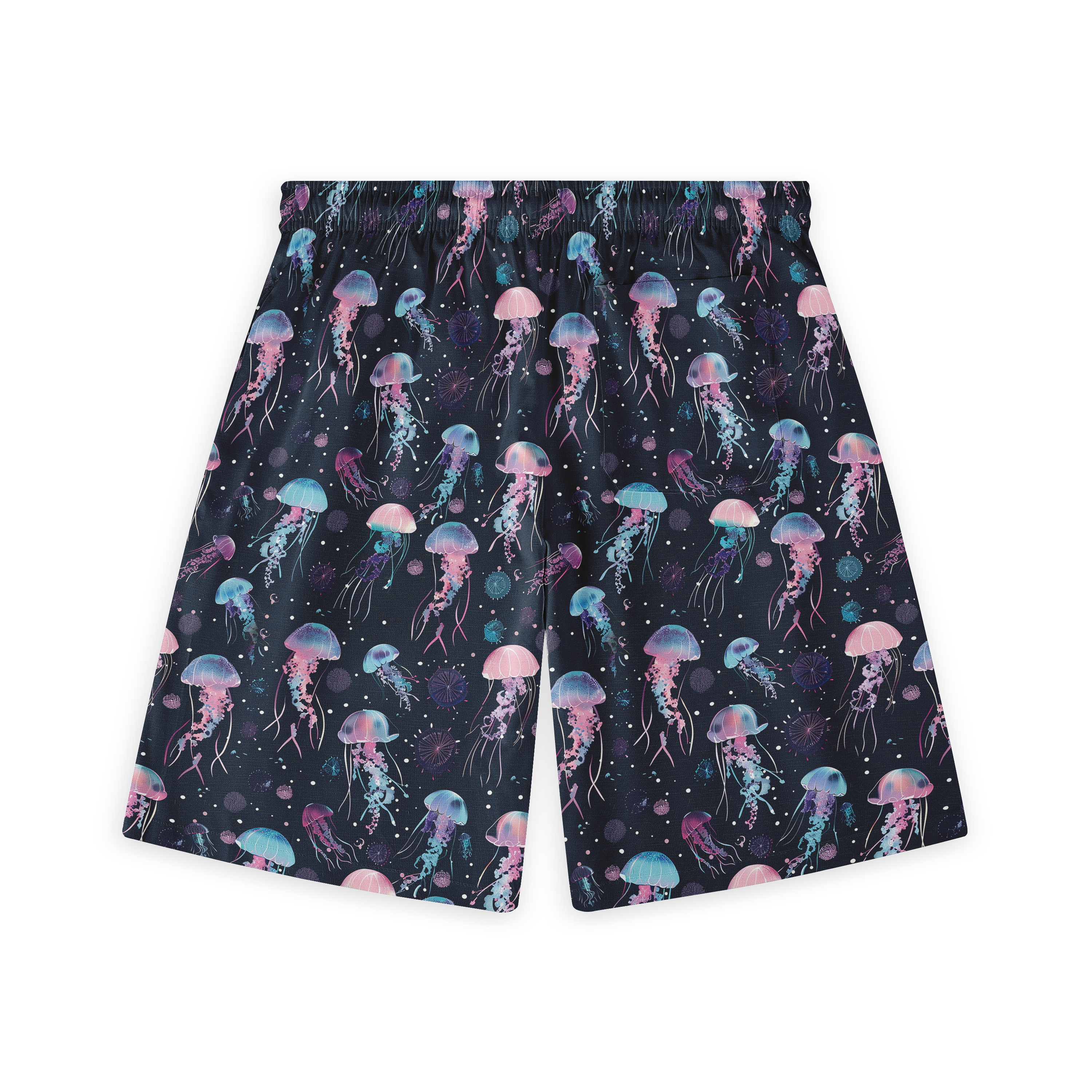 Black shorts with colorful jellyfish print.