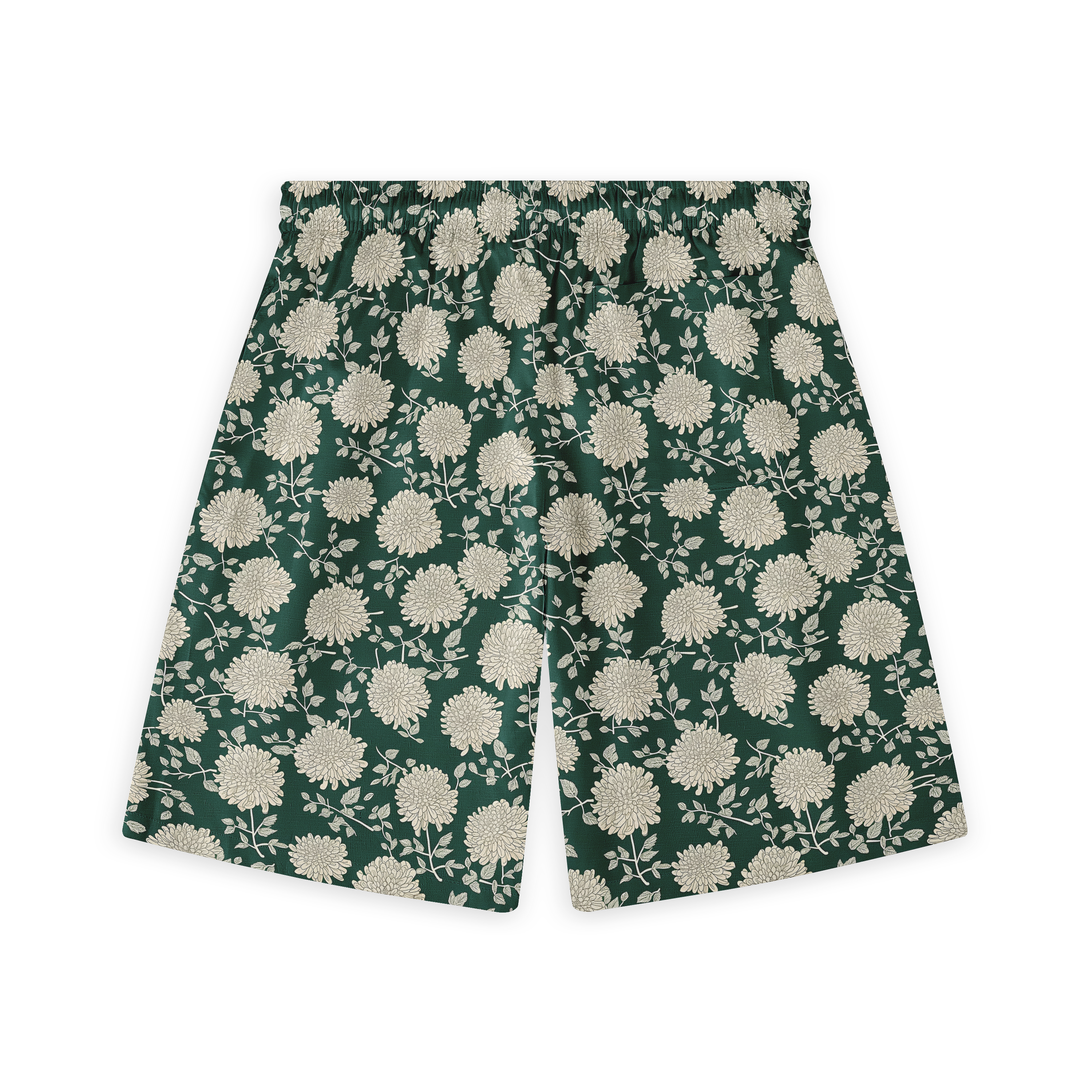 Green shorts with white floral pattern.