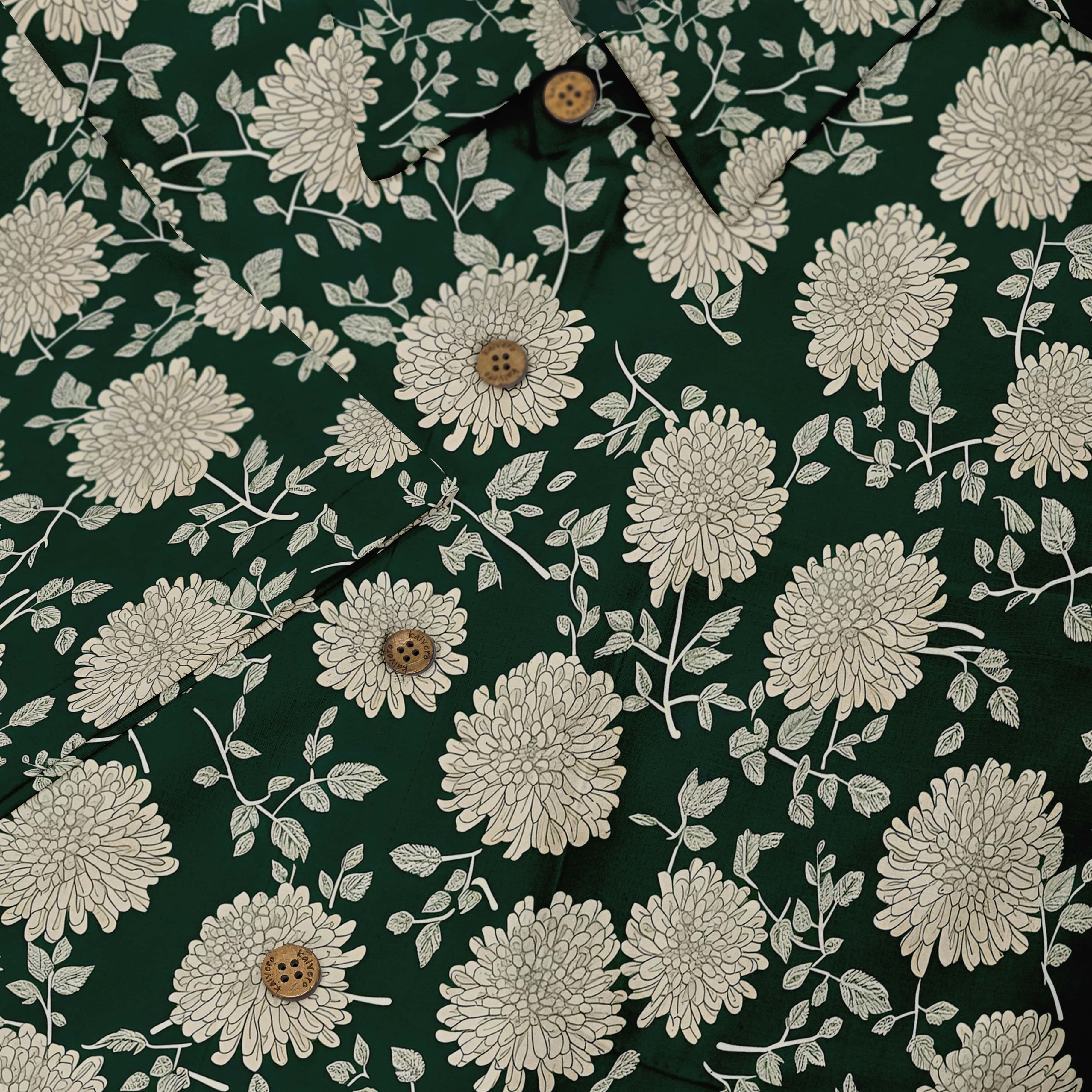 Green shirt with white floral pattern and wooden buttons.