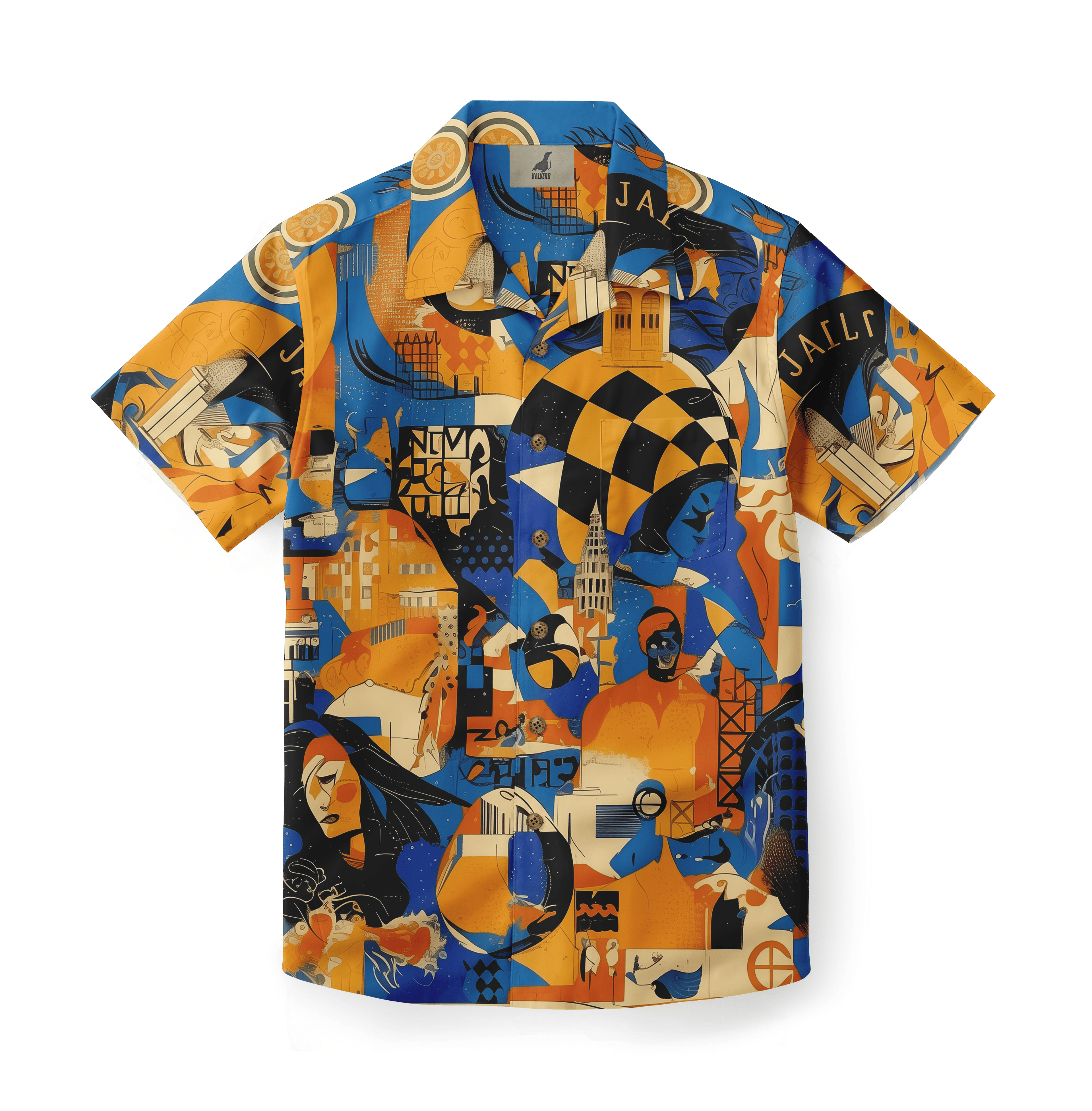 Vibrant blue and orange abstract art shirt with geometric patterns.