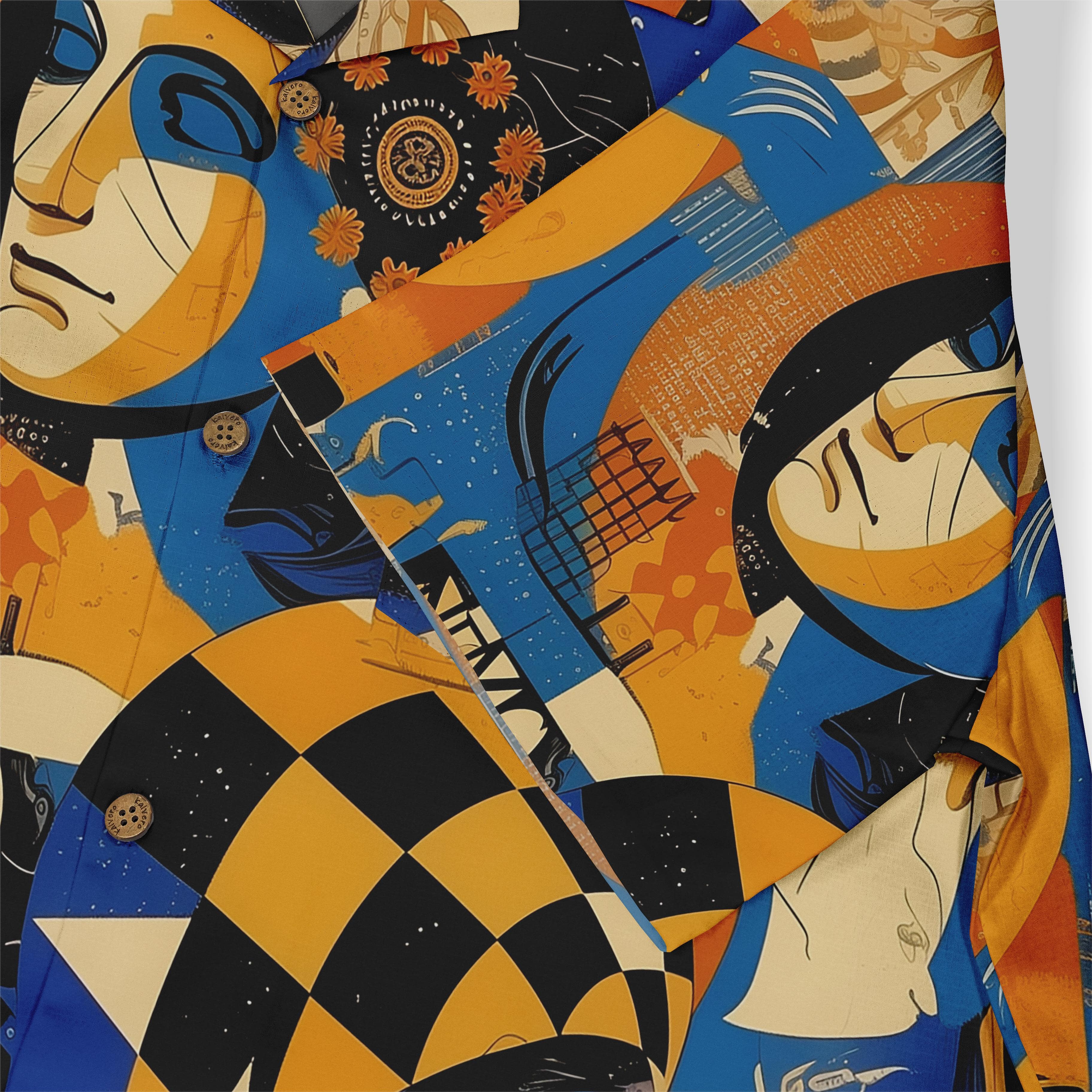 Colorful, abstract patterned shirt with bold designs and buttons.