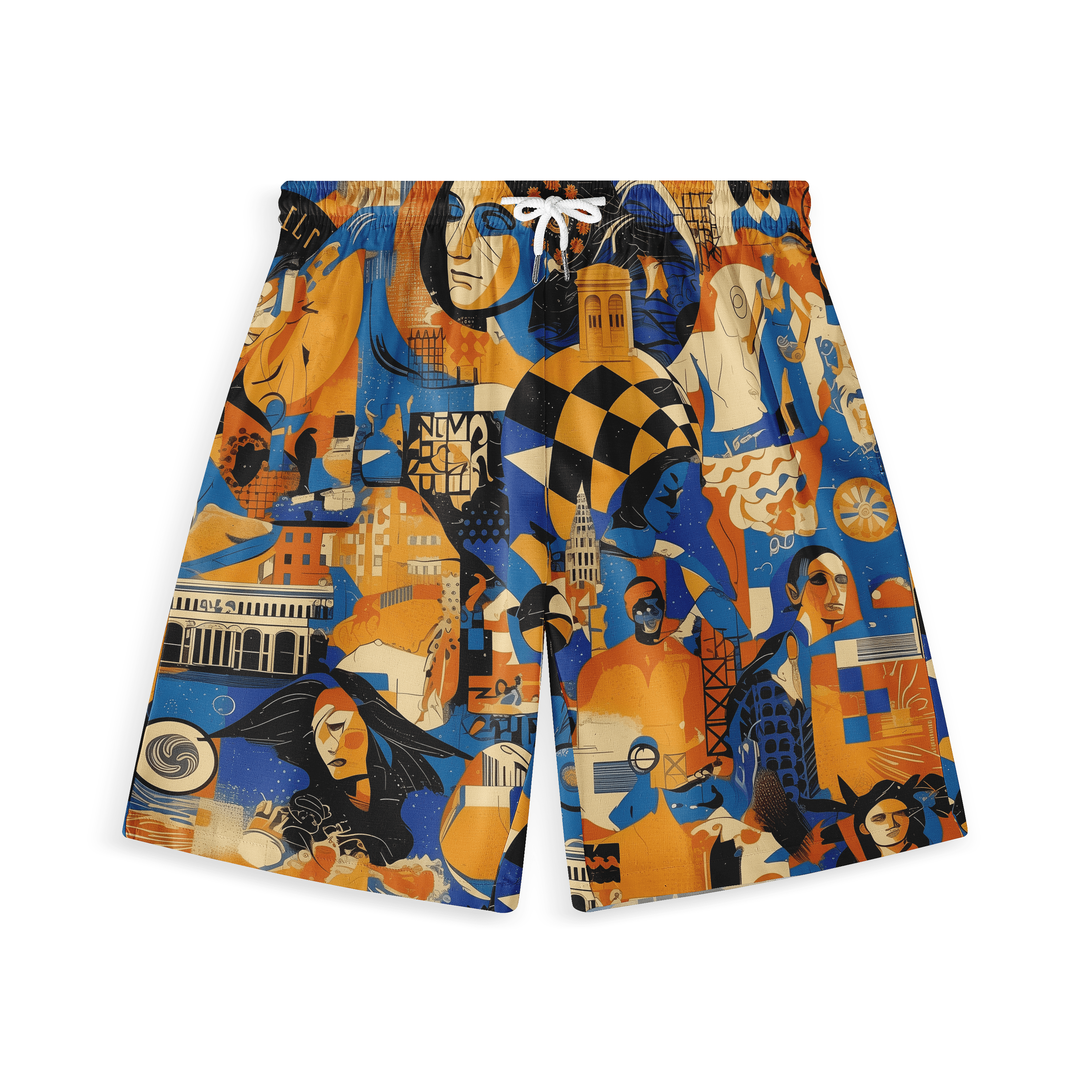 Colorful shorts with abstract art design, featuring faces.