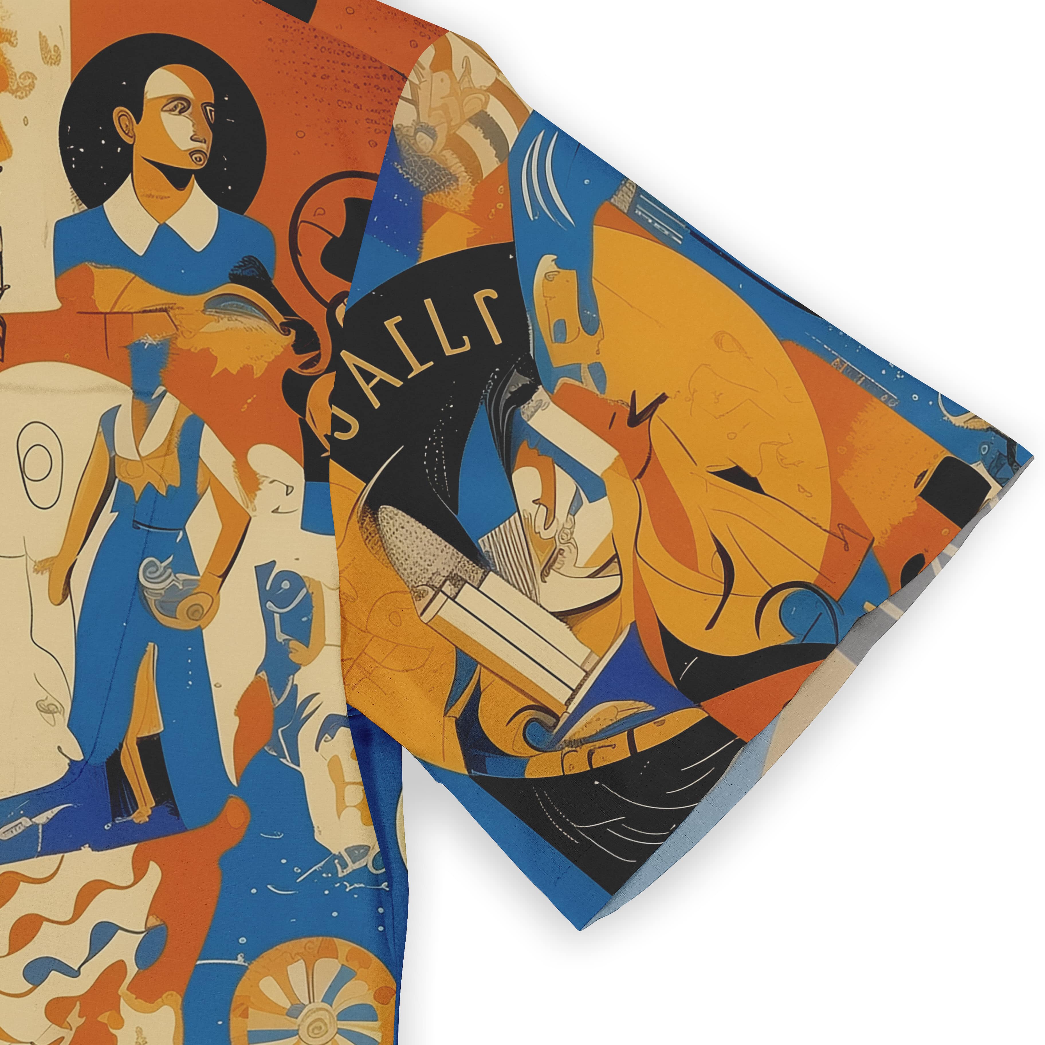 Artistic scarf with vibrant colors and abstract sailor design.