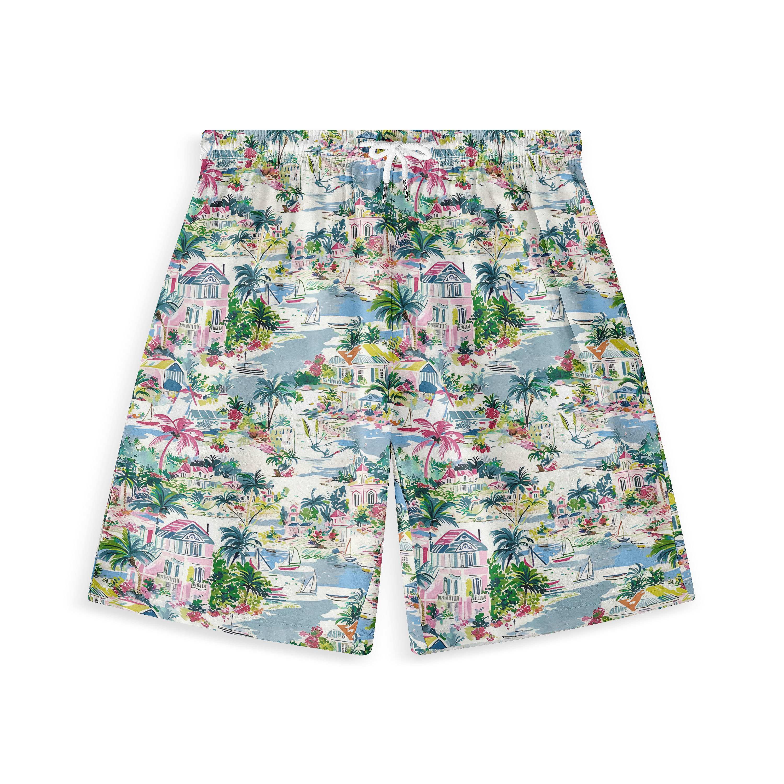Colorful tropical print shorts with houses and palm trees.