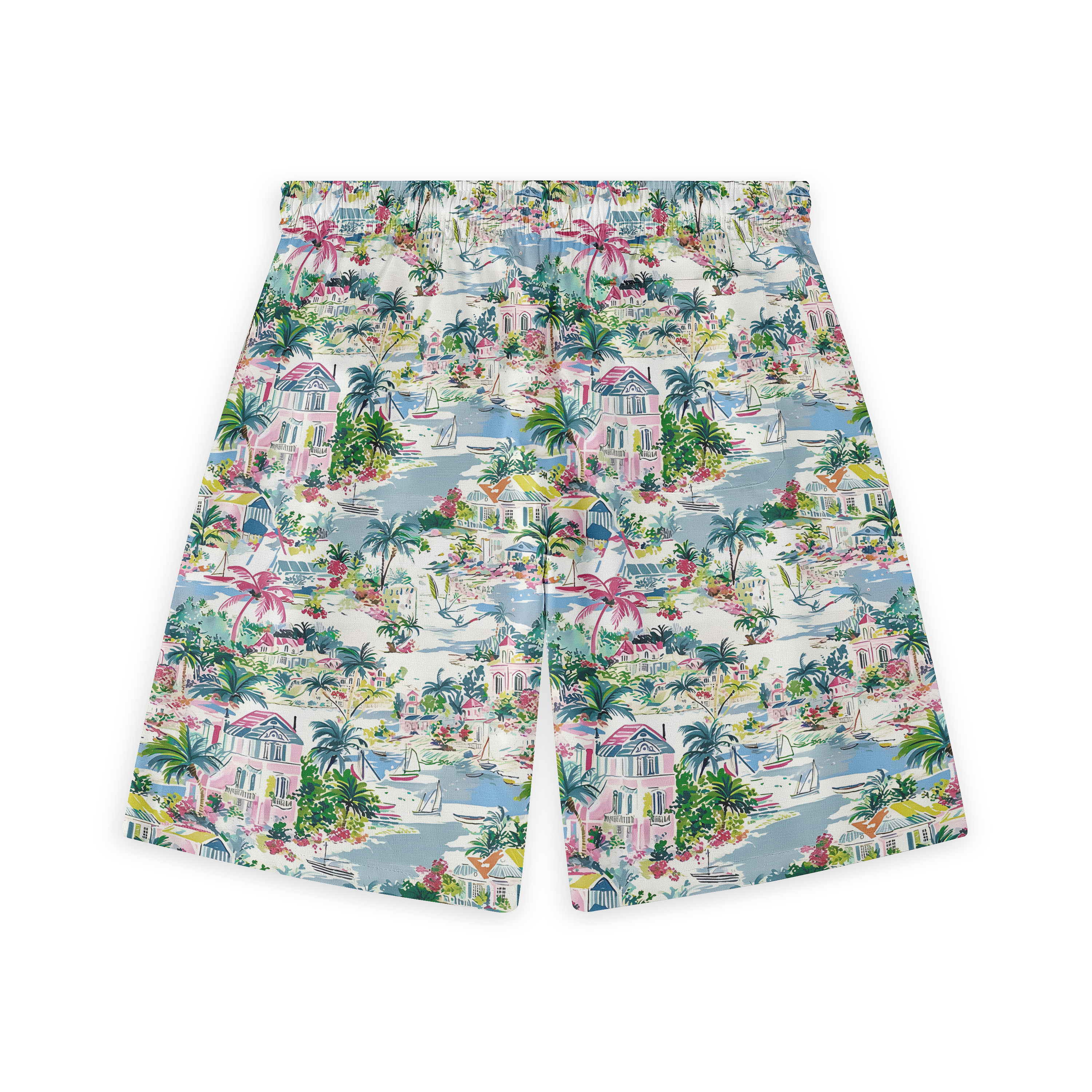 Colorful shorts with tropical houses, palm trees, and boats print.