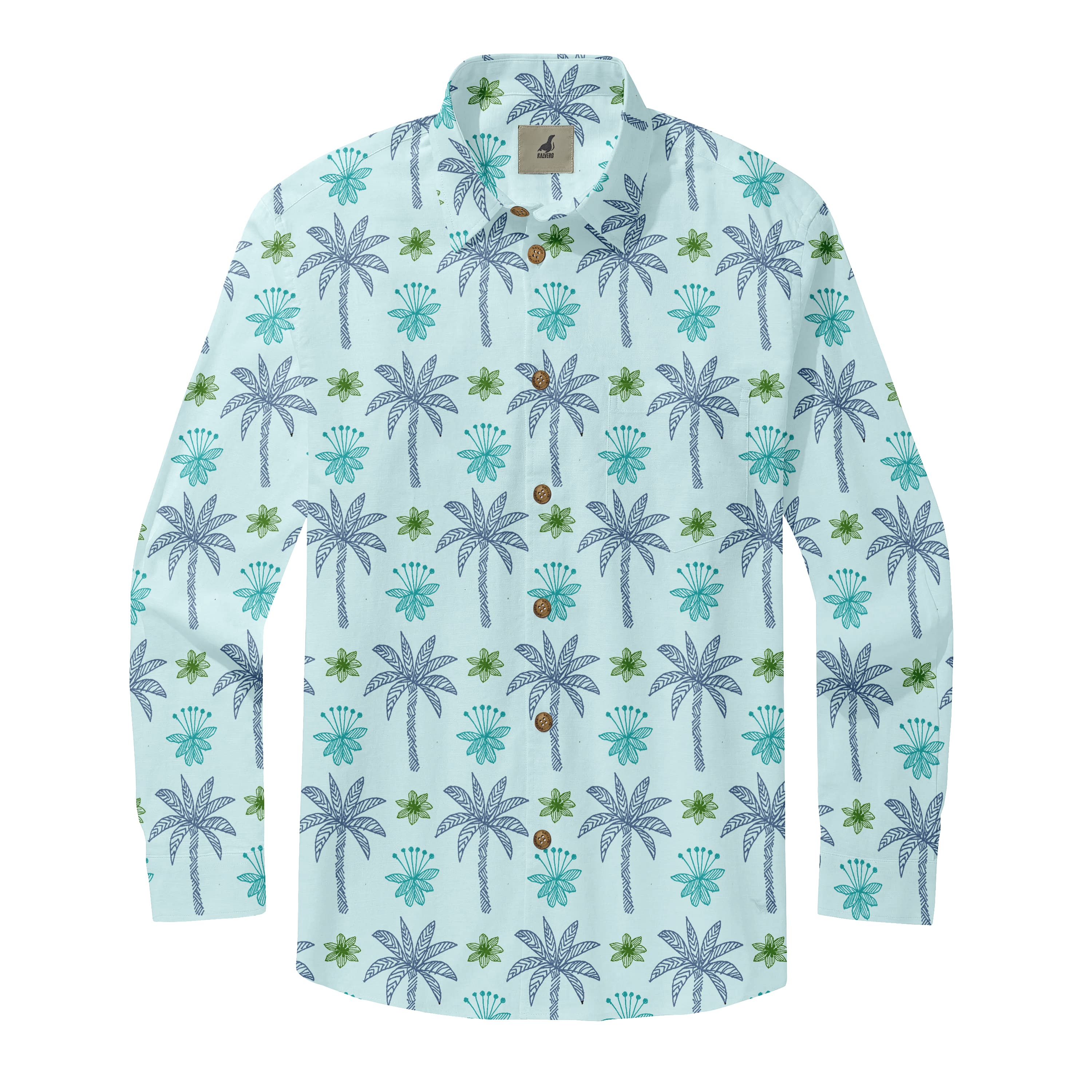 Light Blue Palm Tree Long Sleeve Hawaiian Shirt