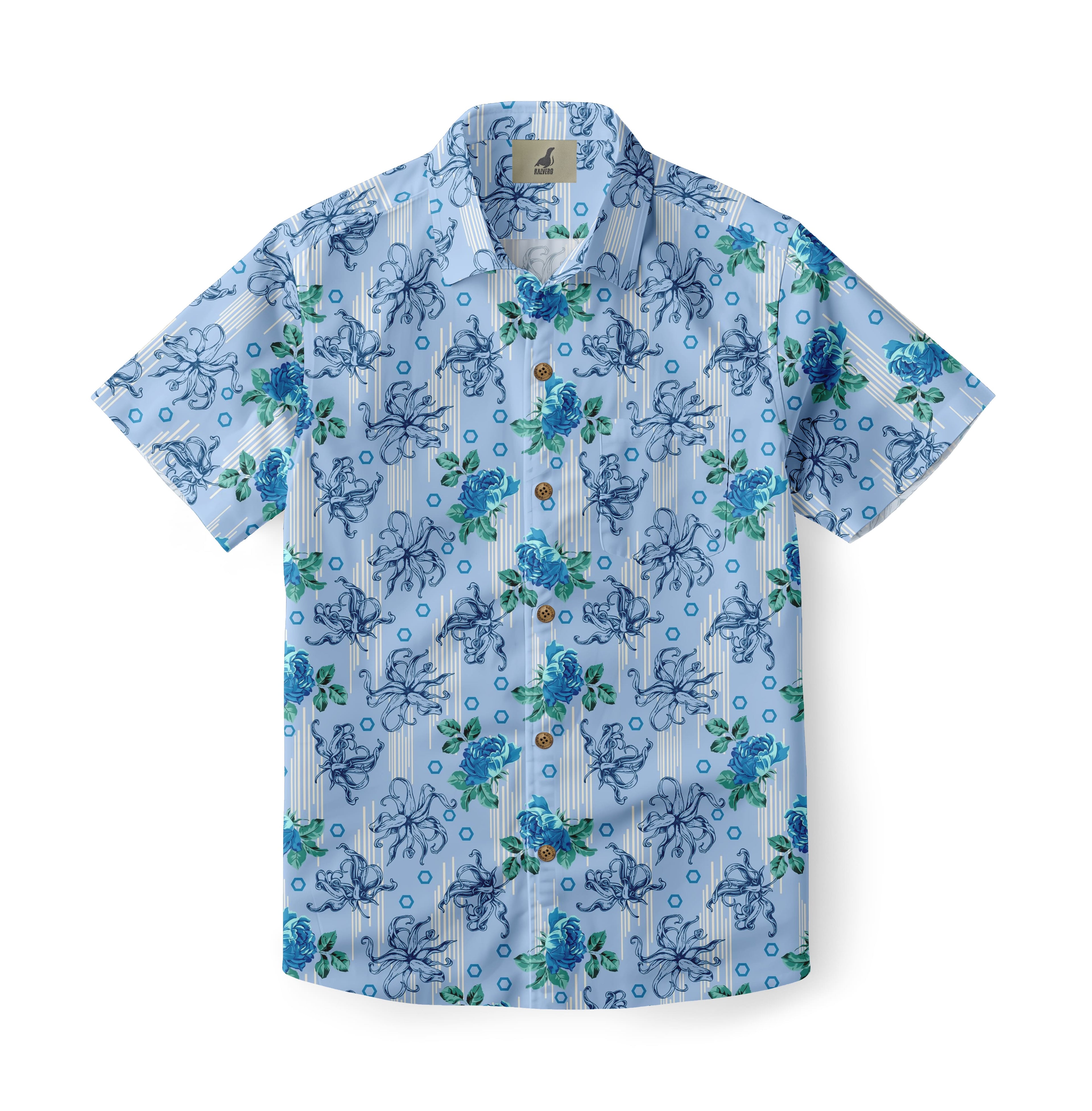 Light Blue Octopus & Floral Hawaiian Shirt