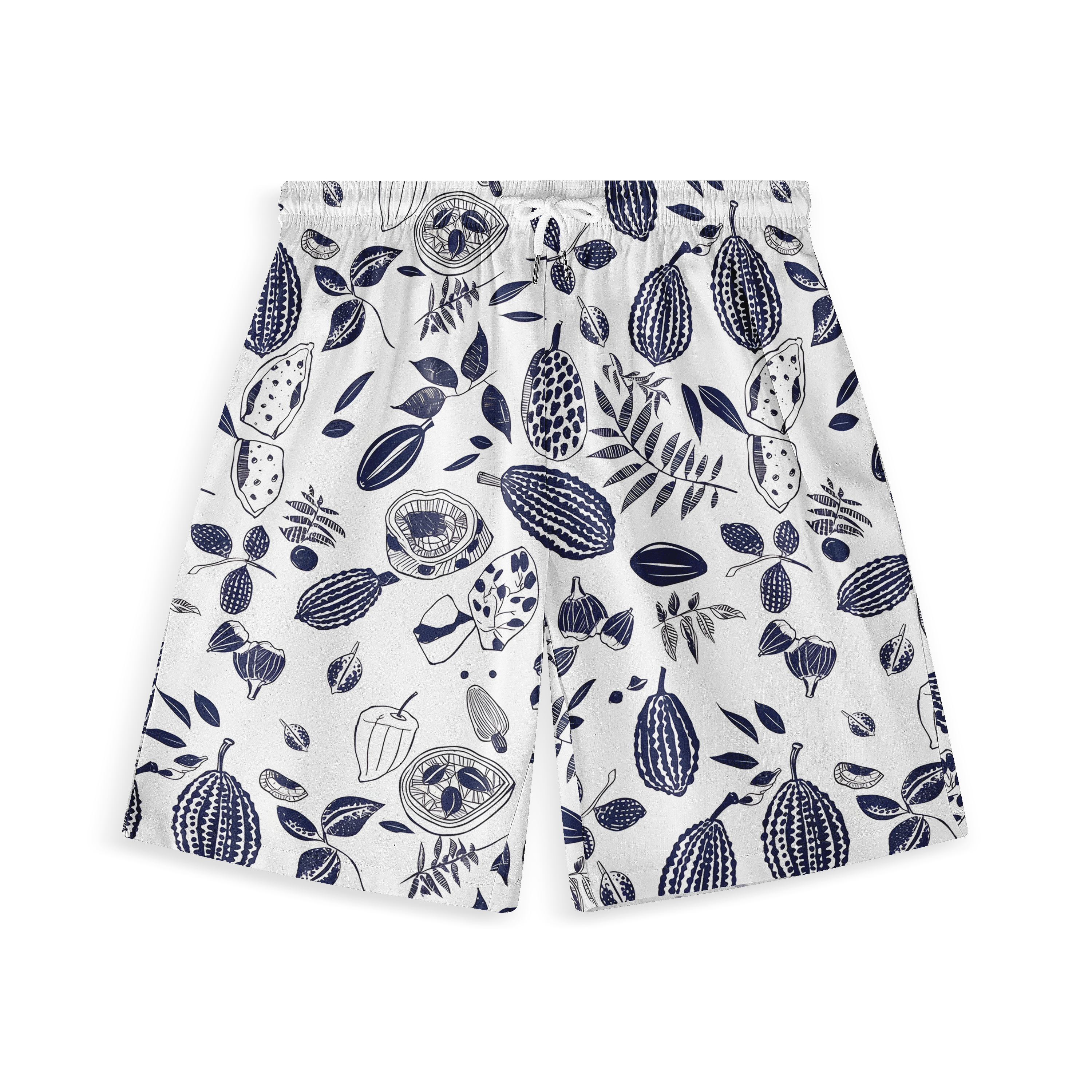 White shorts with navy blue fruit and leaf print.