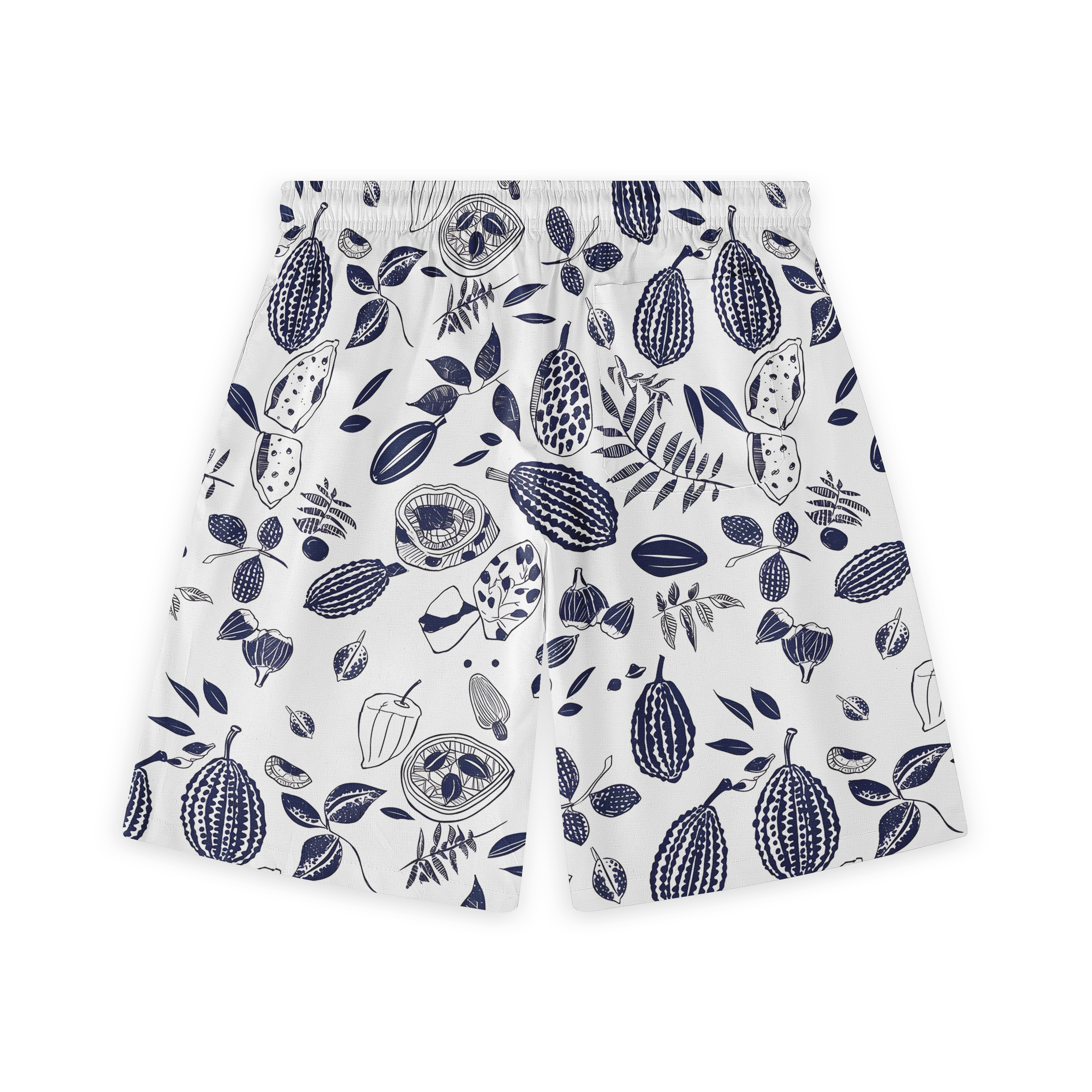 White shorts with navy blue botanical fruit and leaf pattern.