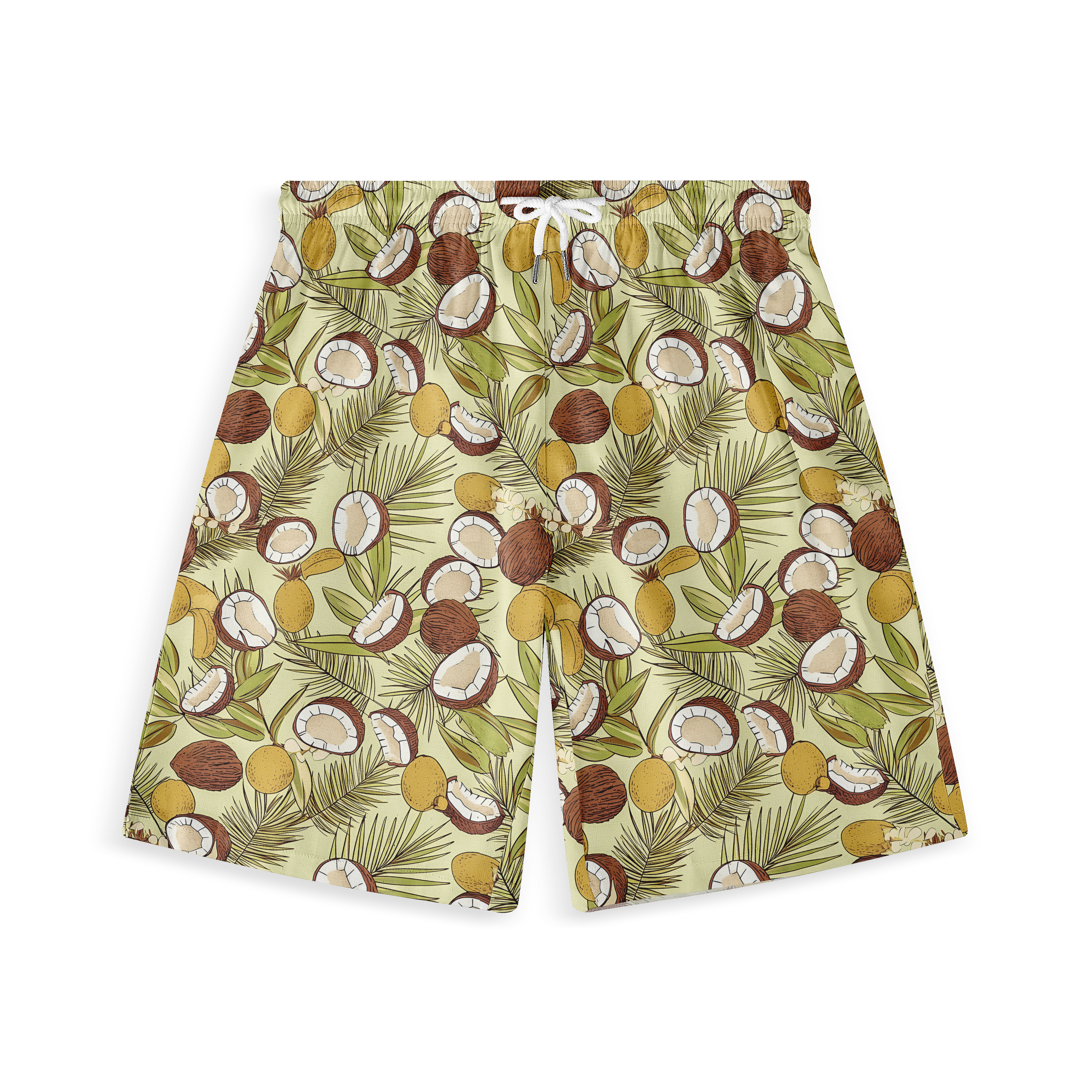 Beige shorts with coconut and leaf print.