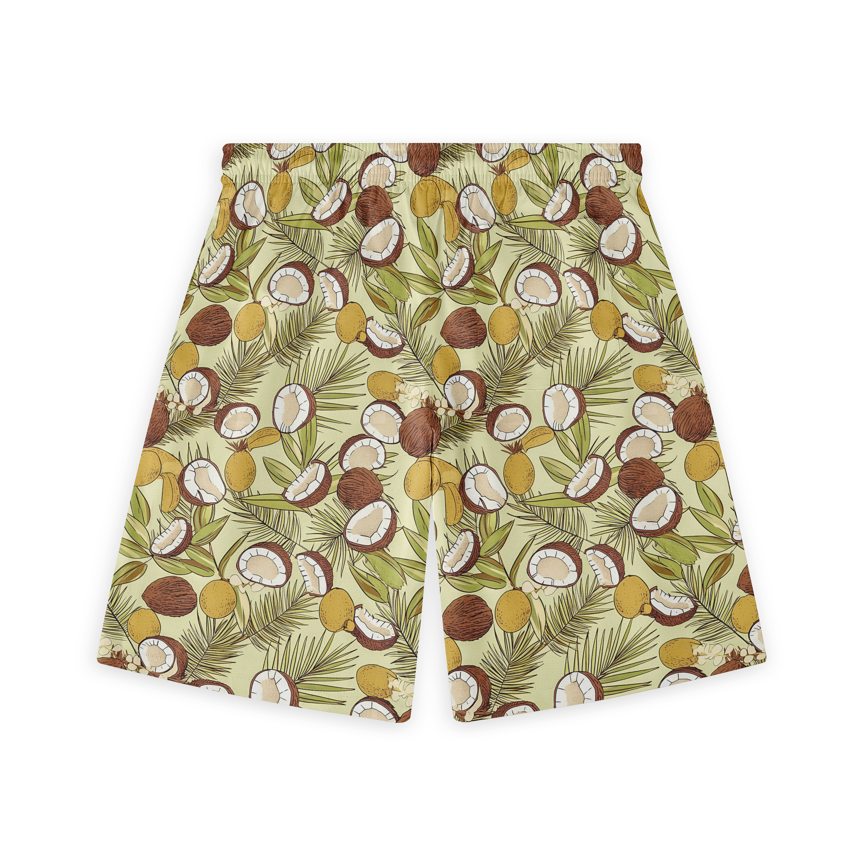 Coconut print shorts, light green background, tropical design.