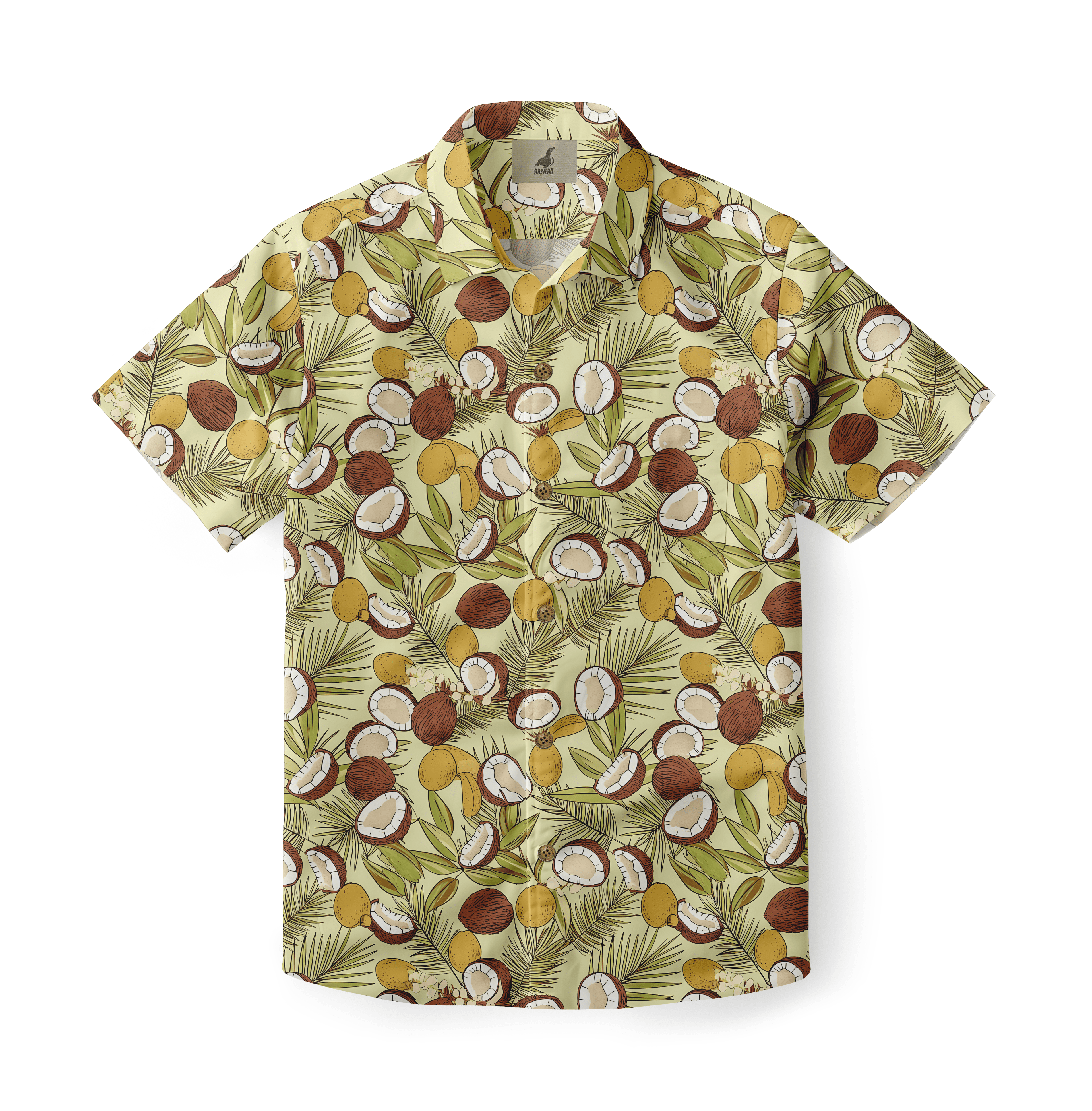 Yellow shirt with coconut and leaf pattern.