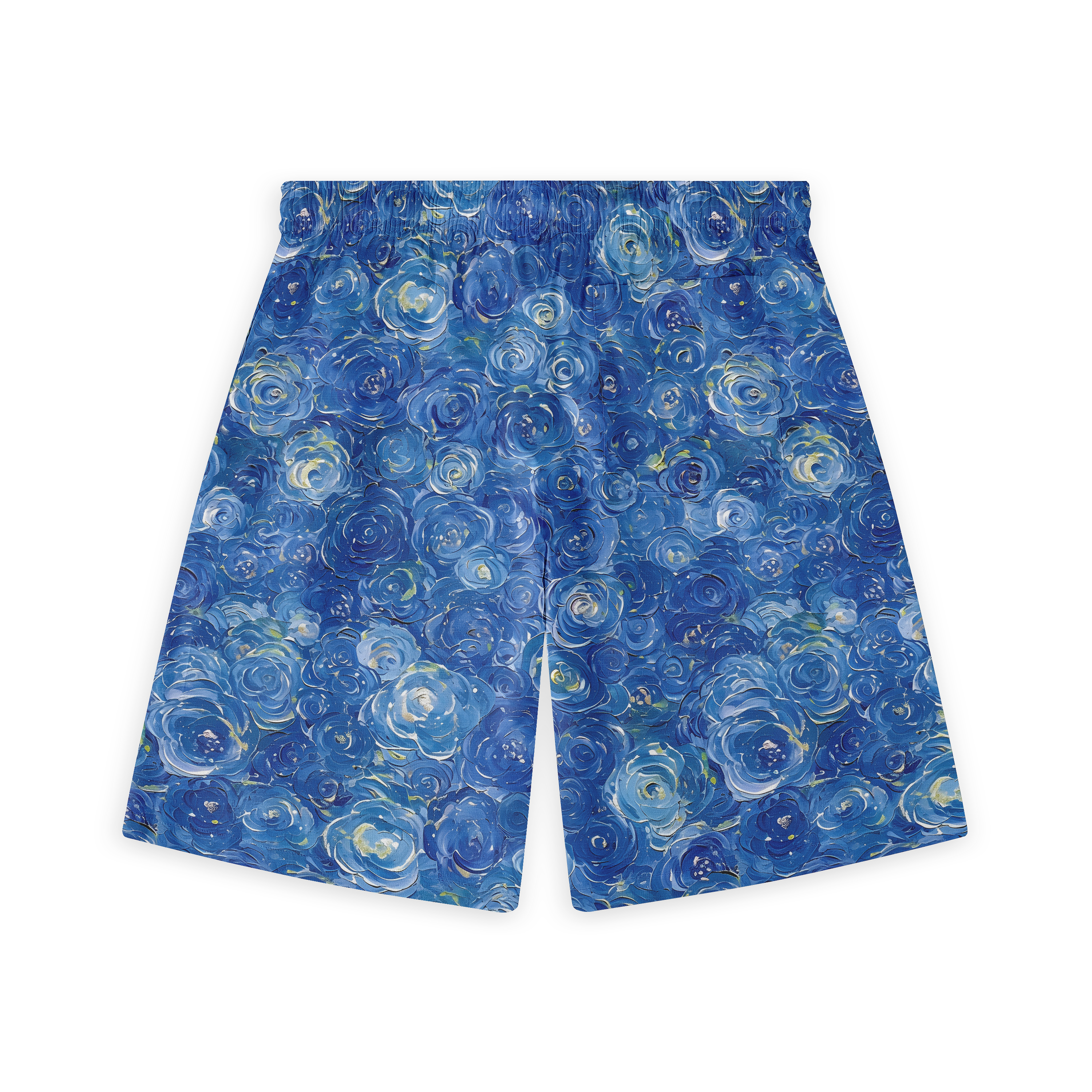 Blue swirl pattern shorts, inspired by Van Gogh art.