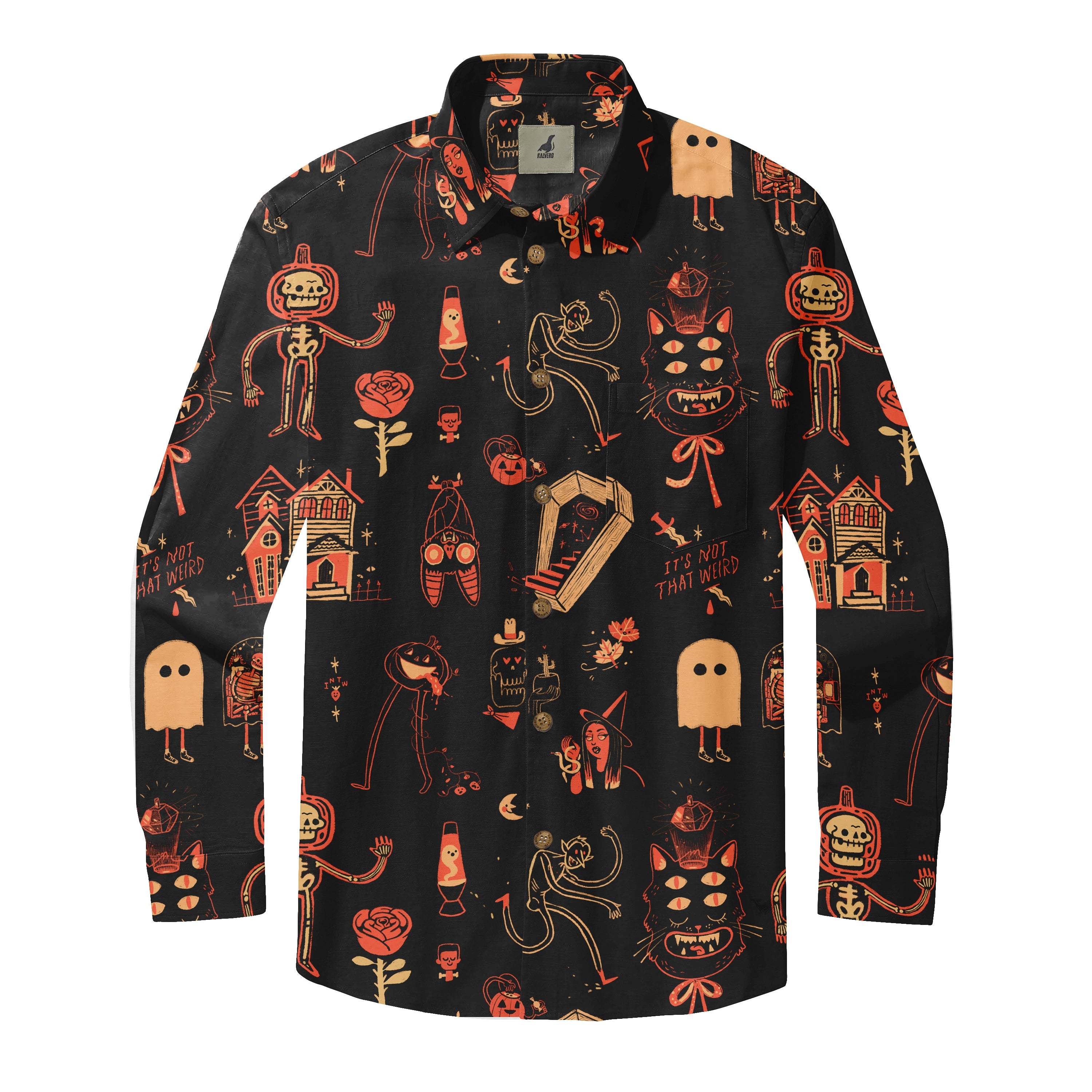 Black shirt with Halloween-themed print featuring skeletons, cats.