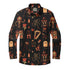 Black shirt with Halloween-themed print featuring skeletons, cats.