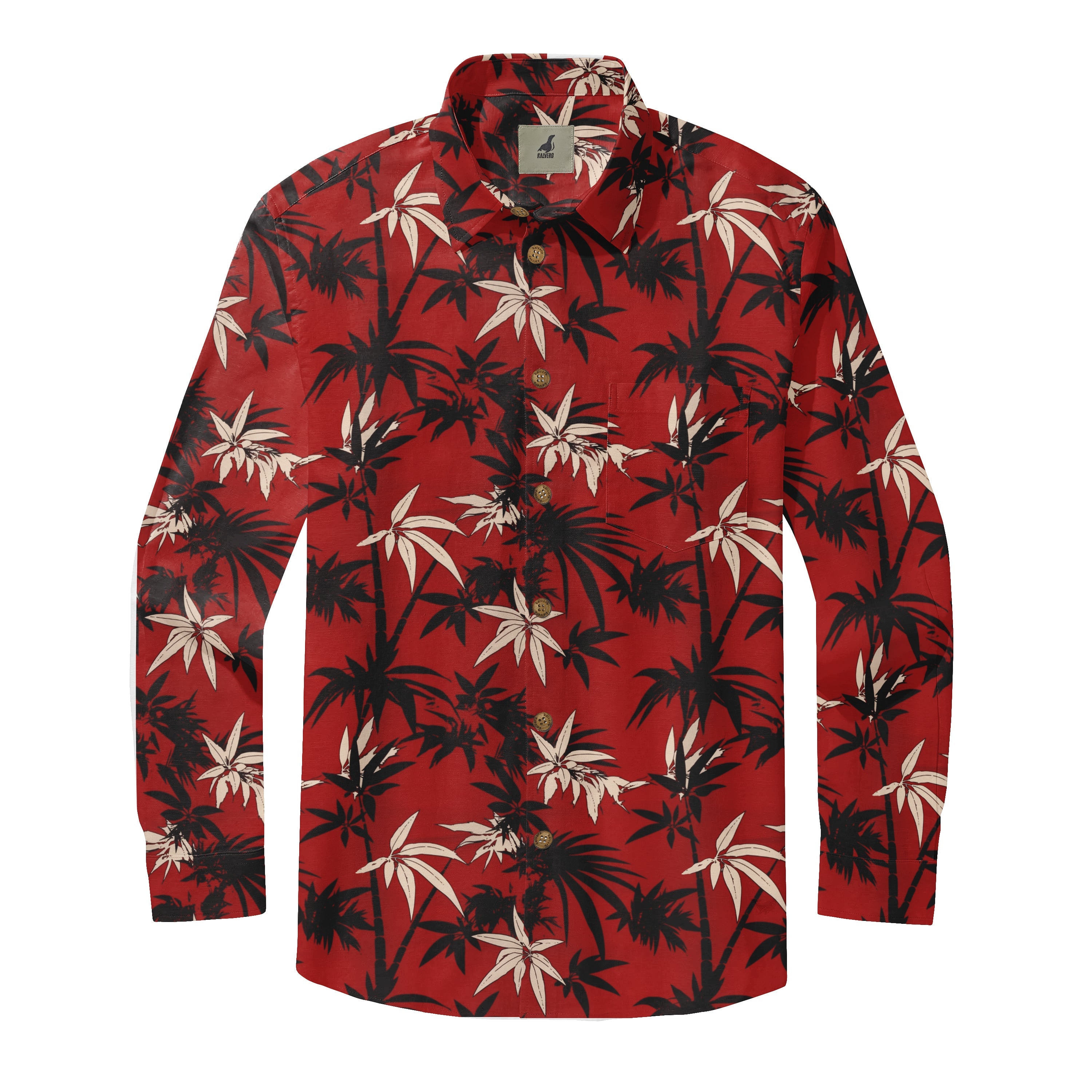 Red long-sleeve shirt with black and white palm tree pattern.