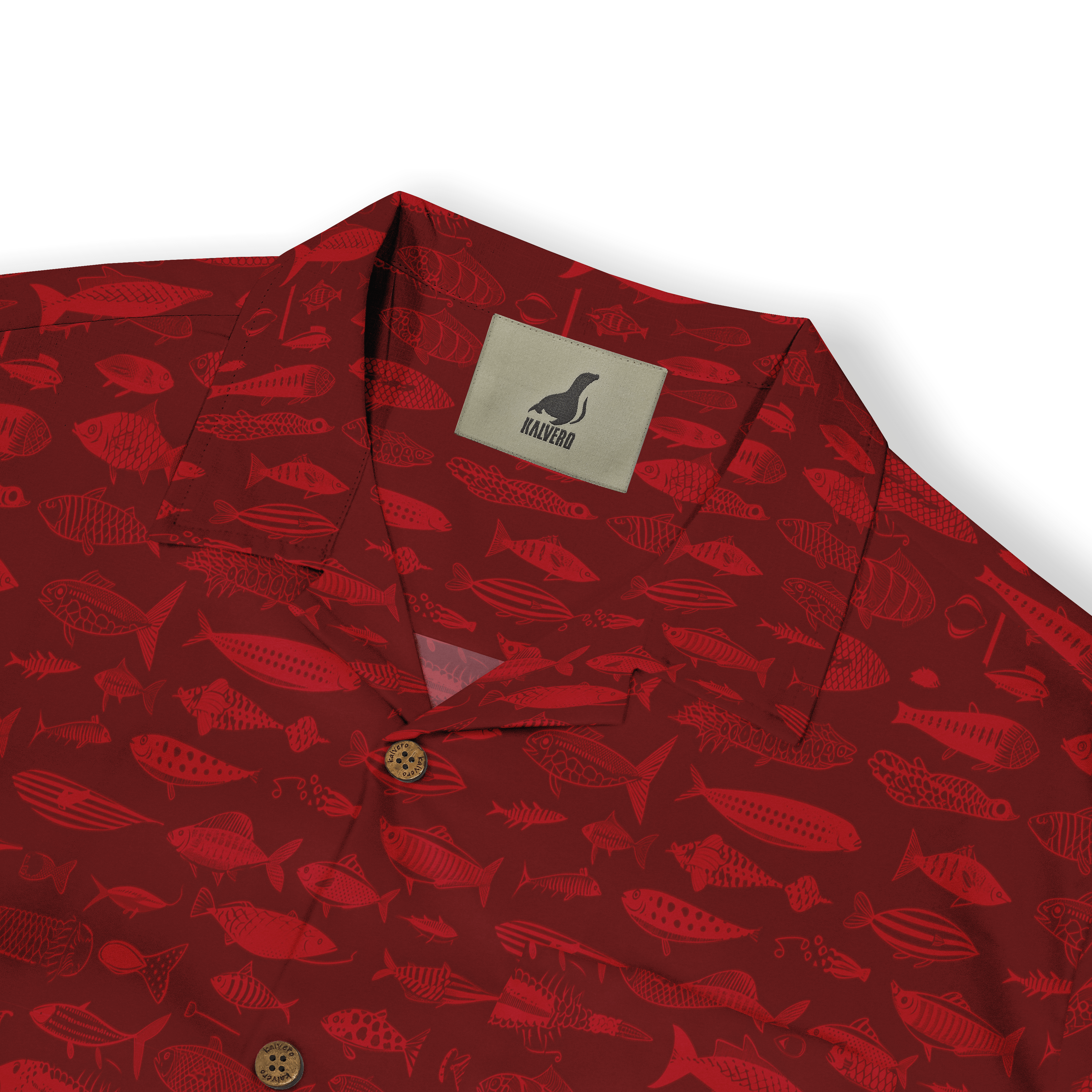 Red shirt with fish pattern, featuring a collar and buttons, branded.