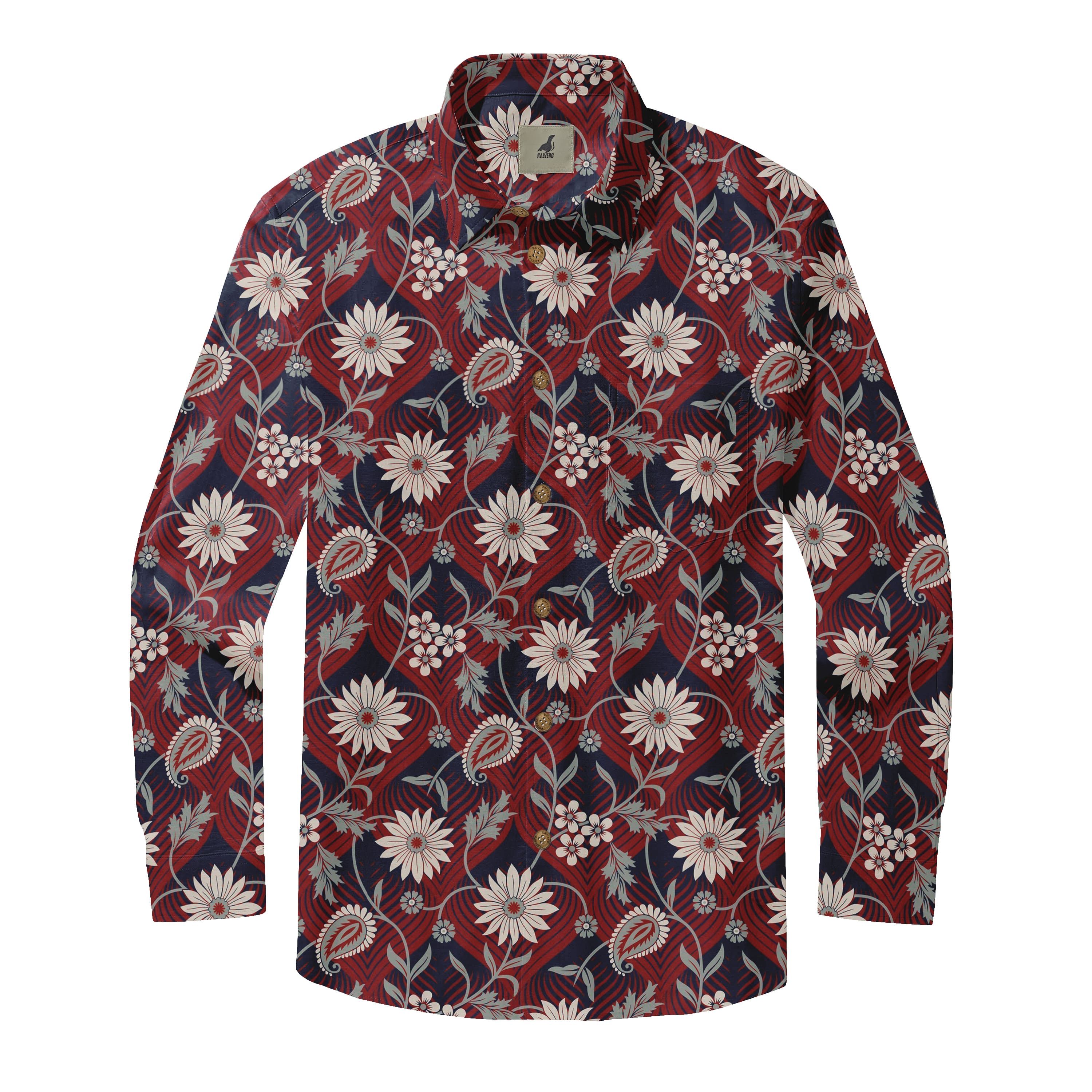 Dark Red Tropical Floral Long Sleeve Hawaiian Shirt