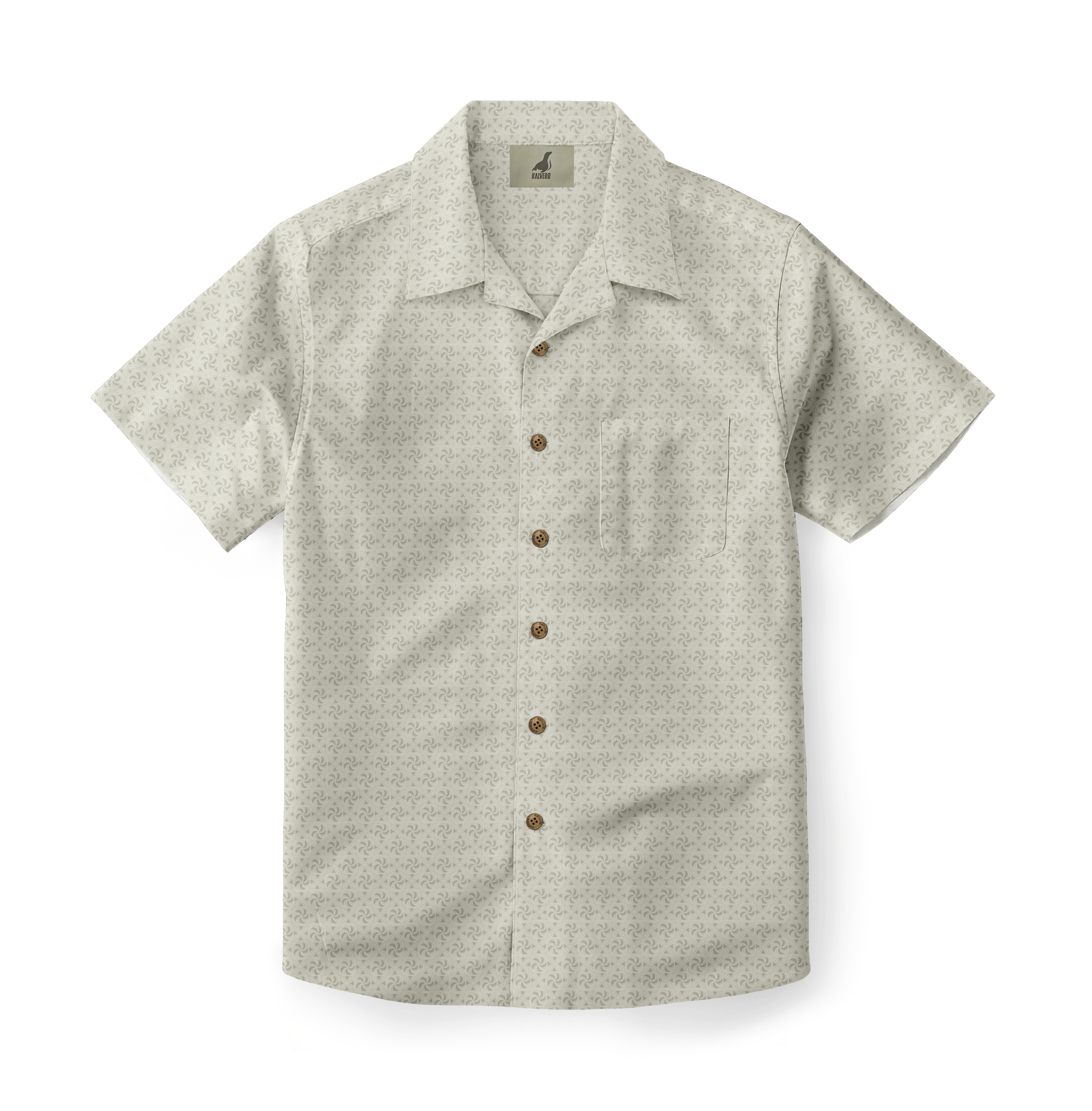 Light beige short-sleeve shirt with subtle pattern, wooden buttons.