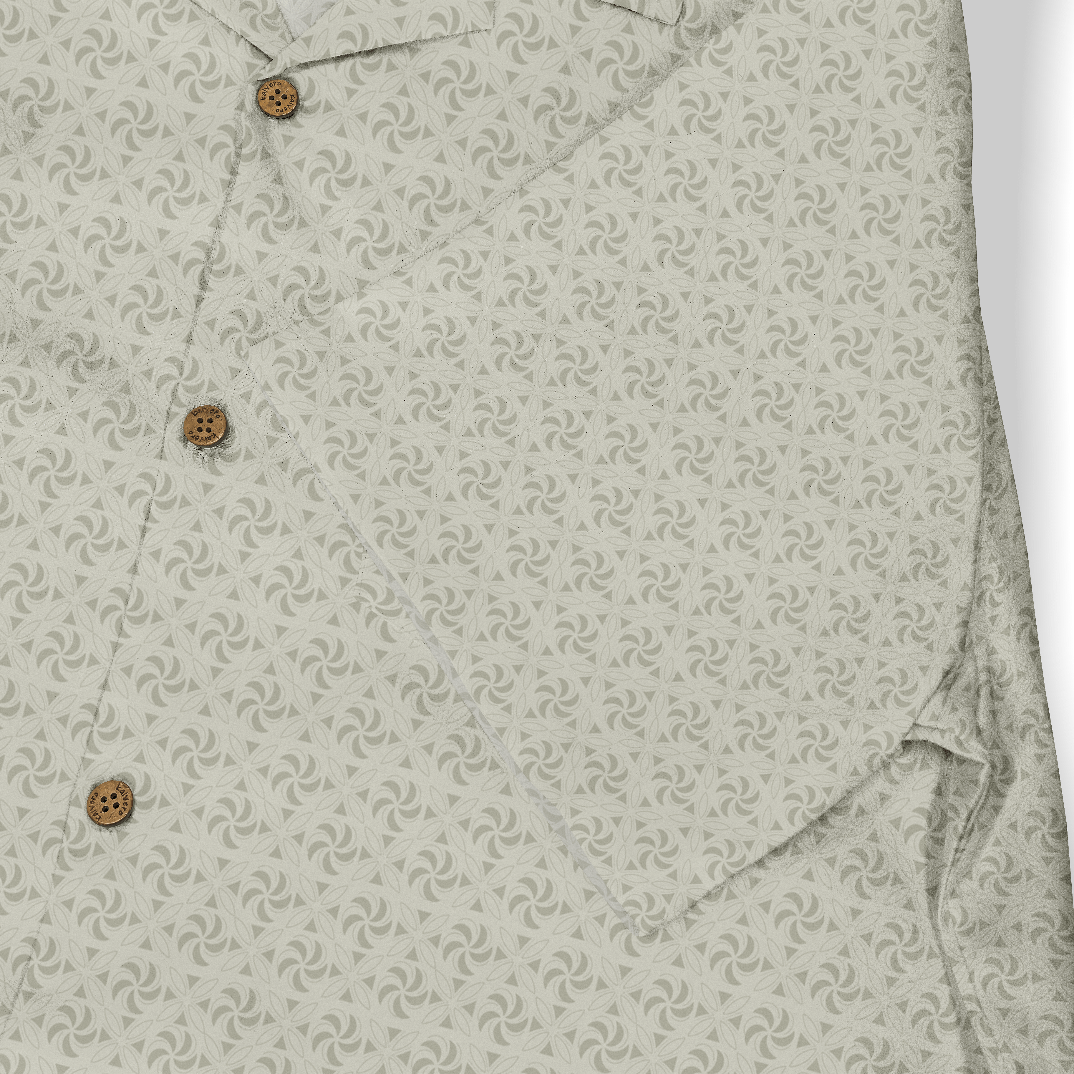 Beige shirt with floral pattern and wooden buttons.