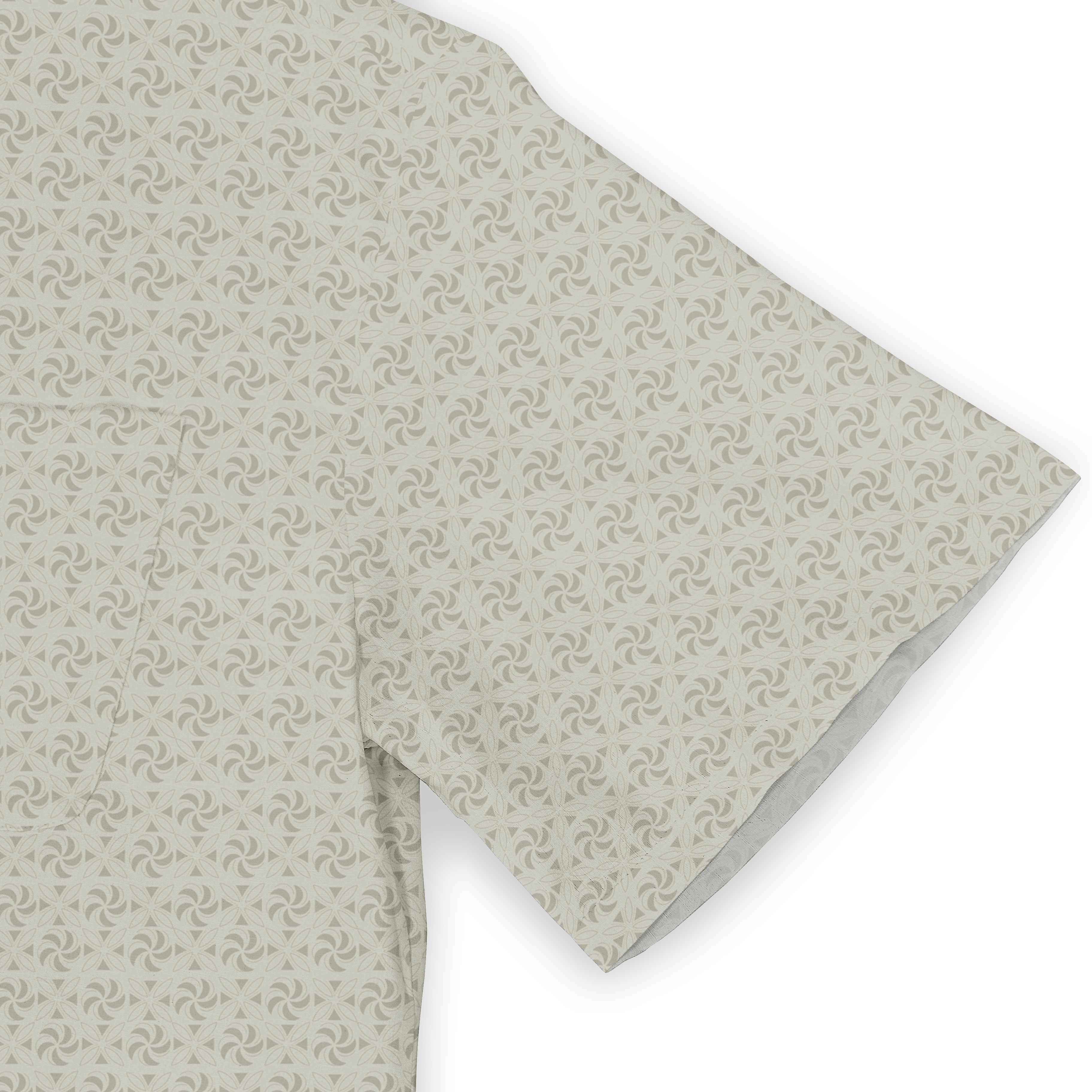 Light gray fabric with repeating floral pattern, short sleeve detail.
