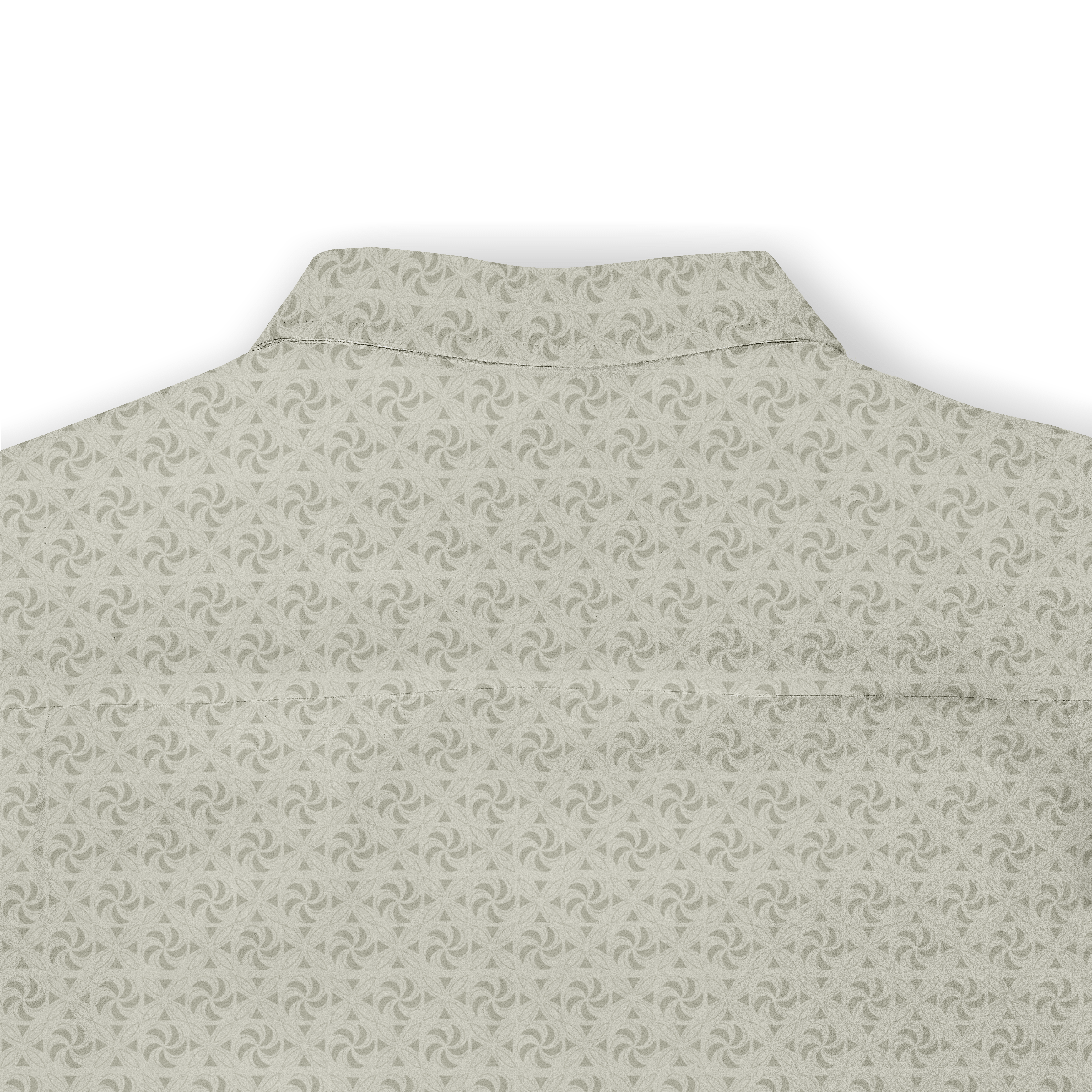 Gray shirt with intricate swirling pattern and mandarin collar.