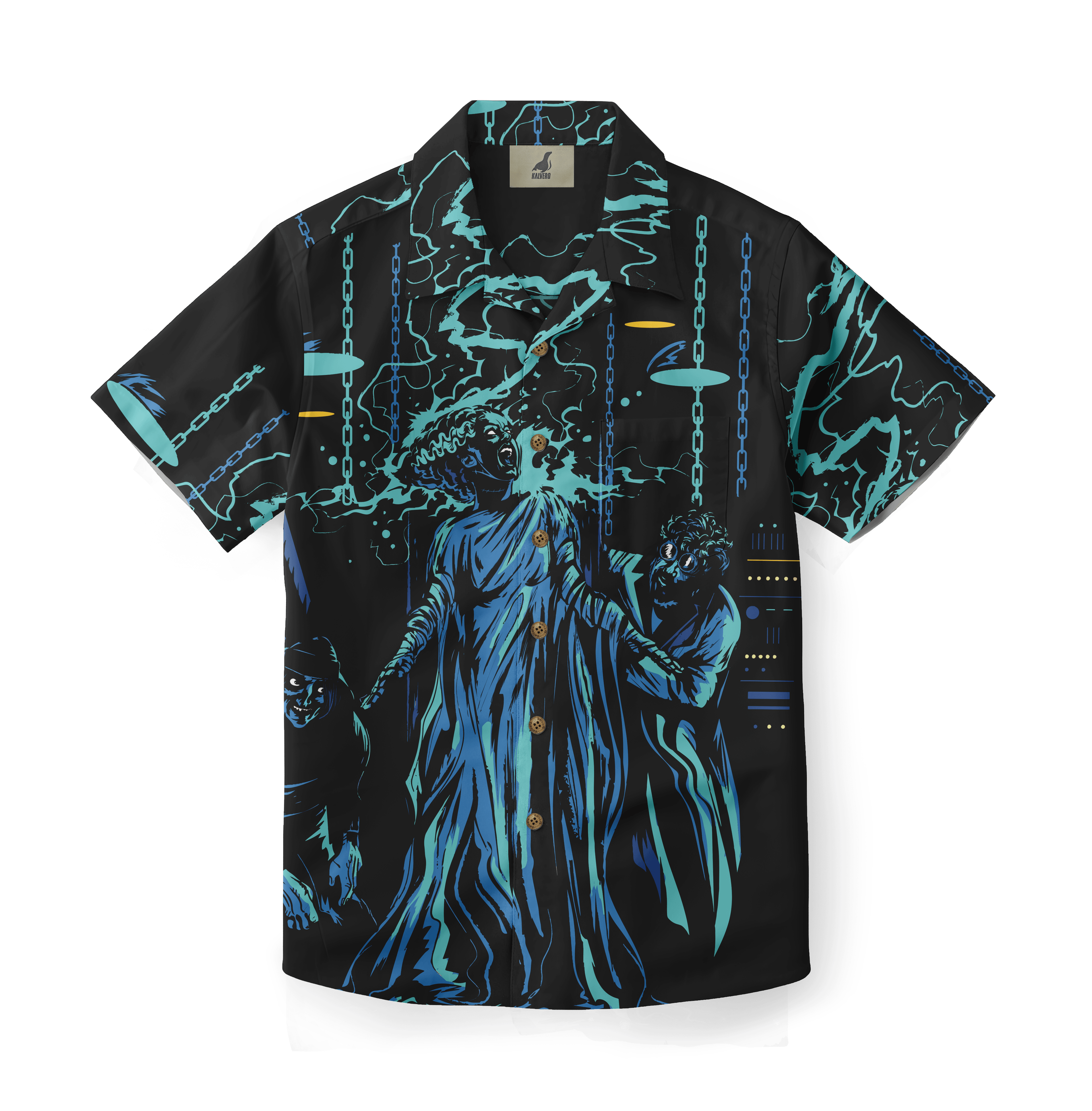 Black Hawaiian shirt with blue and teal supernatural design.