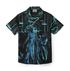 Black Hawaiian shirt with blue and teal supernatural design.