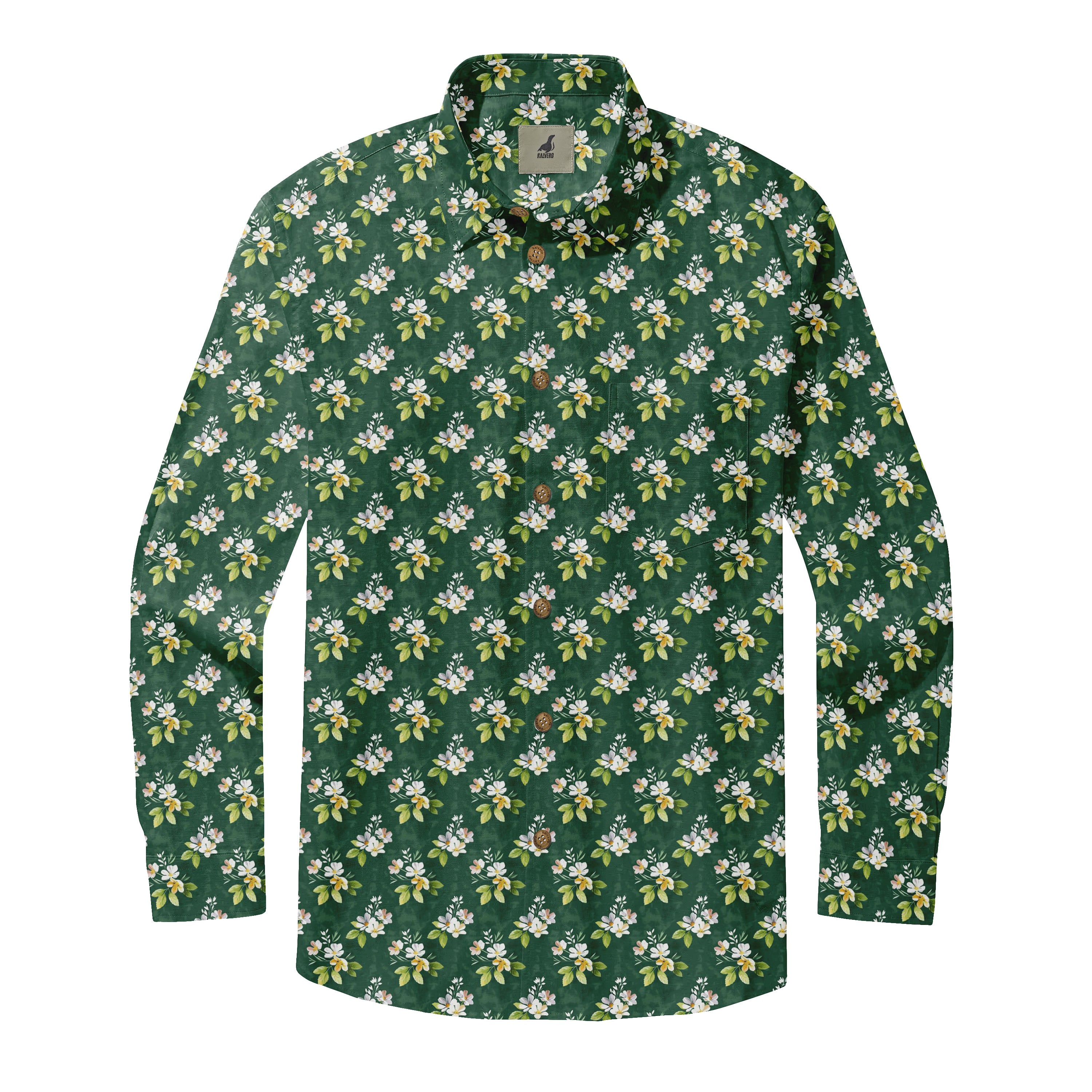 Dark Green Tropical Floral Long Sleeve Hawaiian Shirt