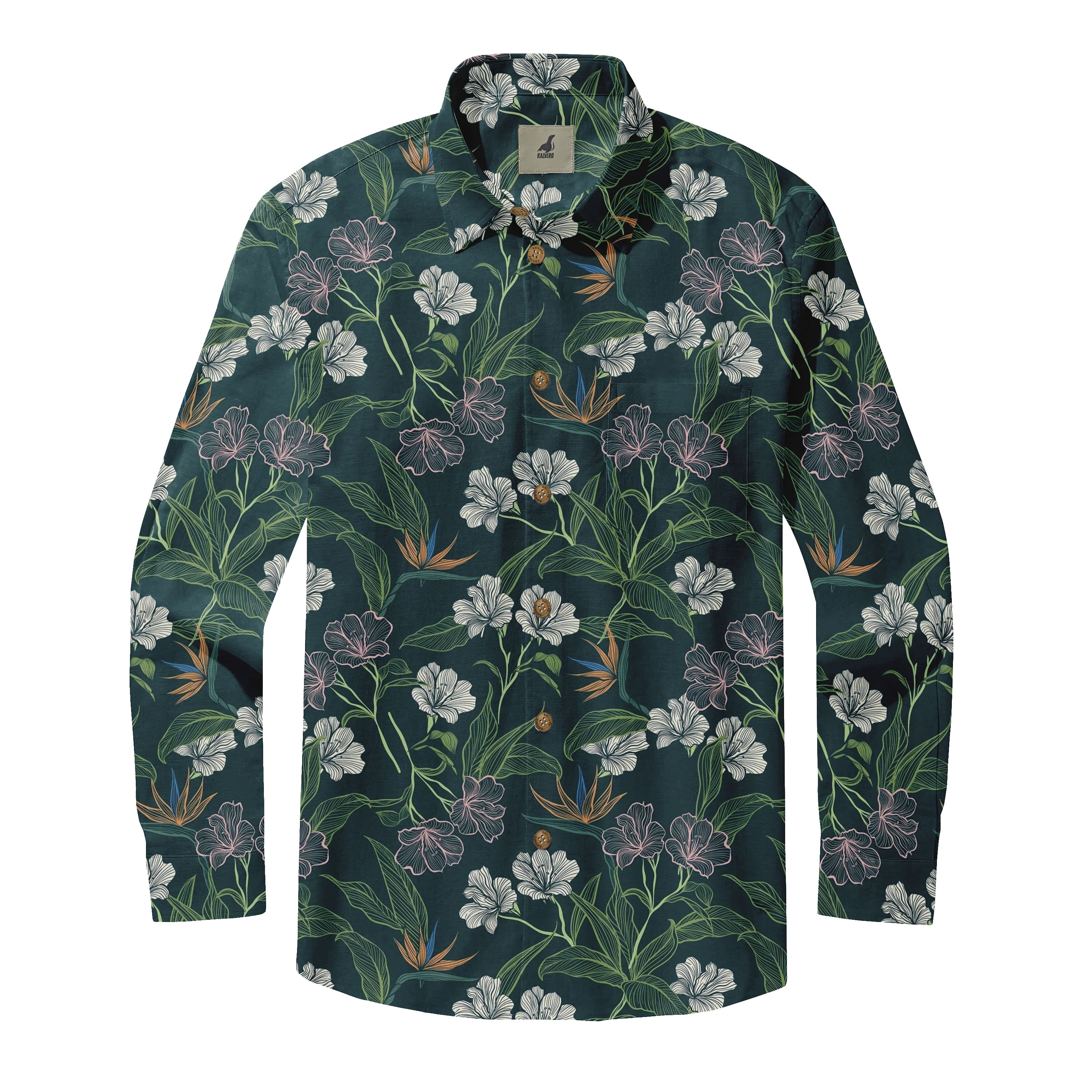 Dark Green Tropical Floral Long Sleeve Hawaiian Shirt
