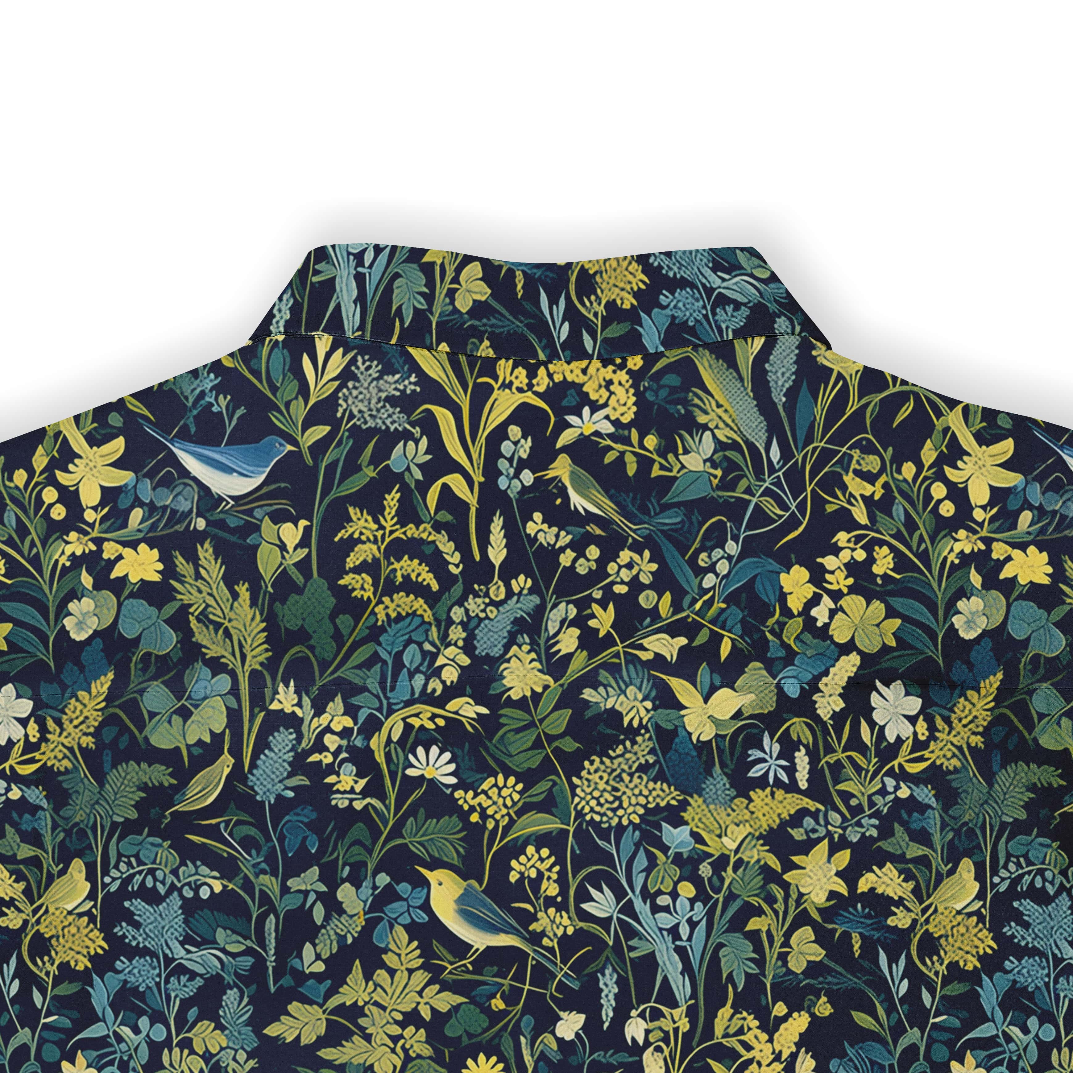 Dark blue shirt with yellow and green floral bird pattern.