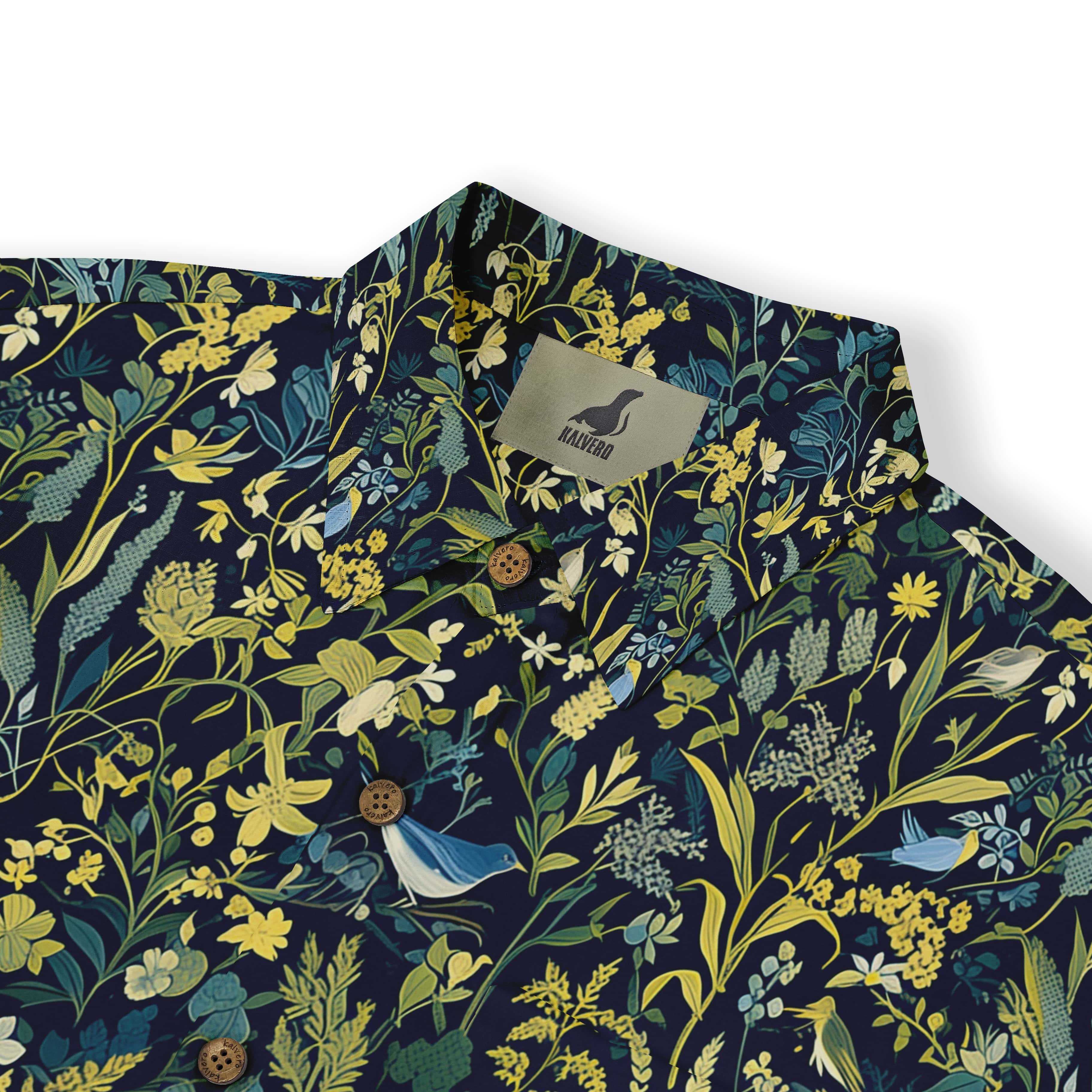 Dark blue shirt with yellow floral pattern and bird design.