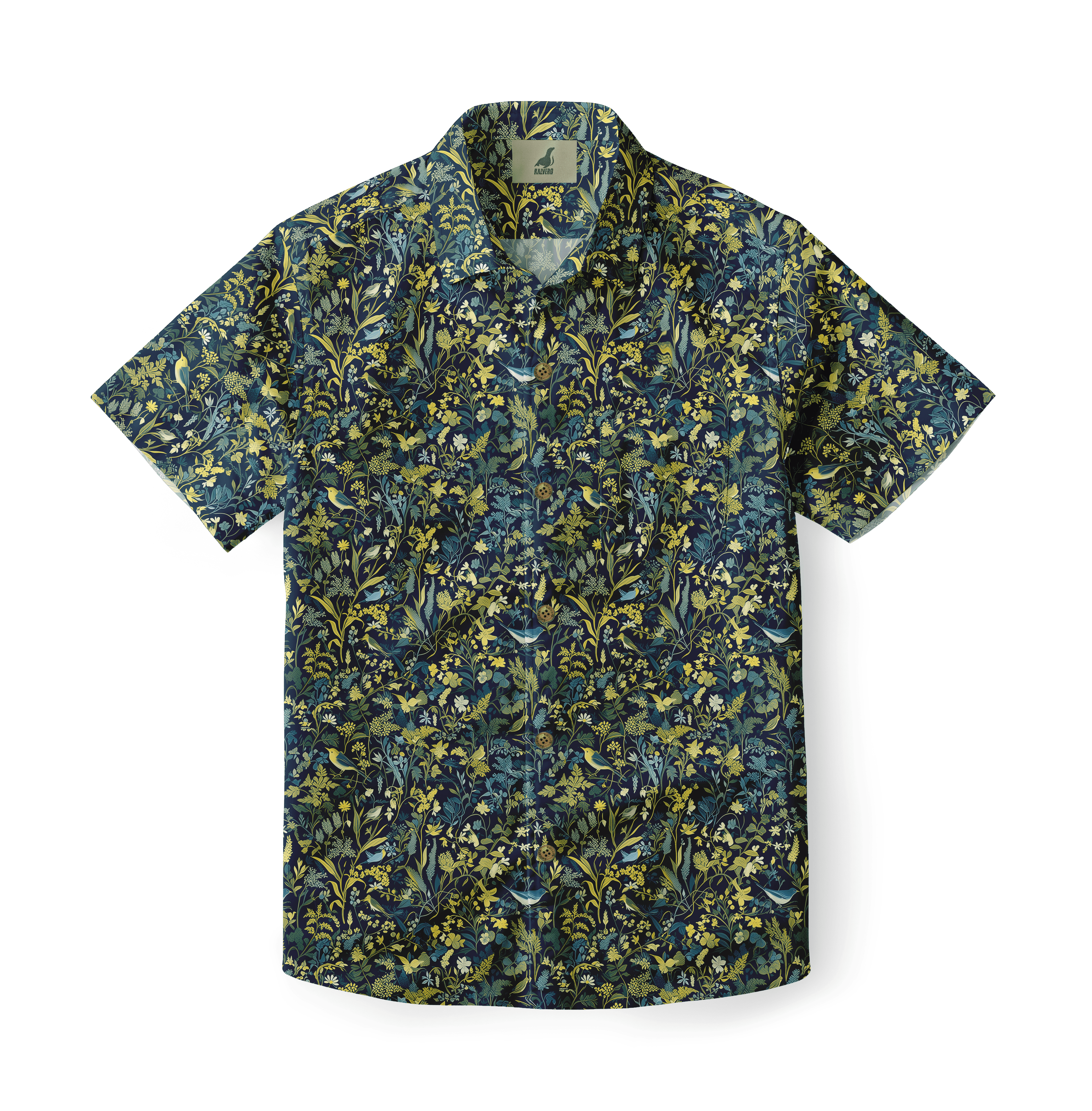 Dark blue shirt with yellow and green floral pattern.