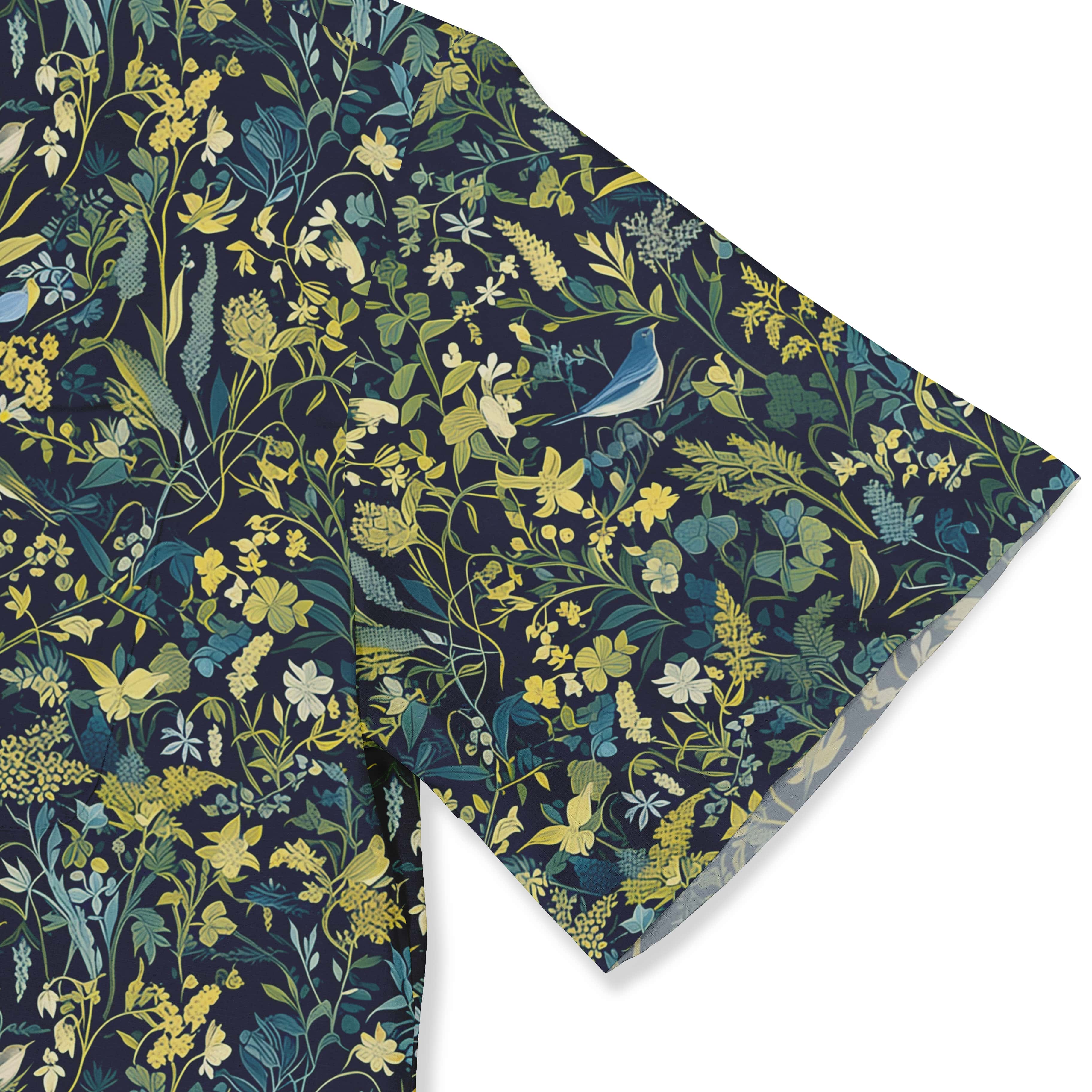Dark blue fabric with yellow and green floral pattern.