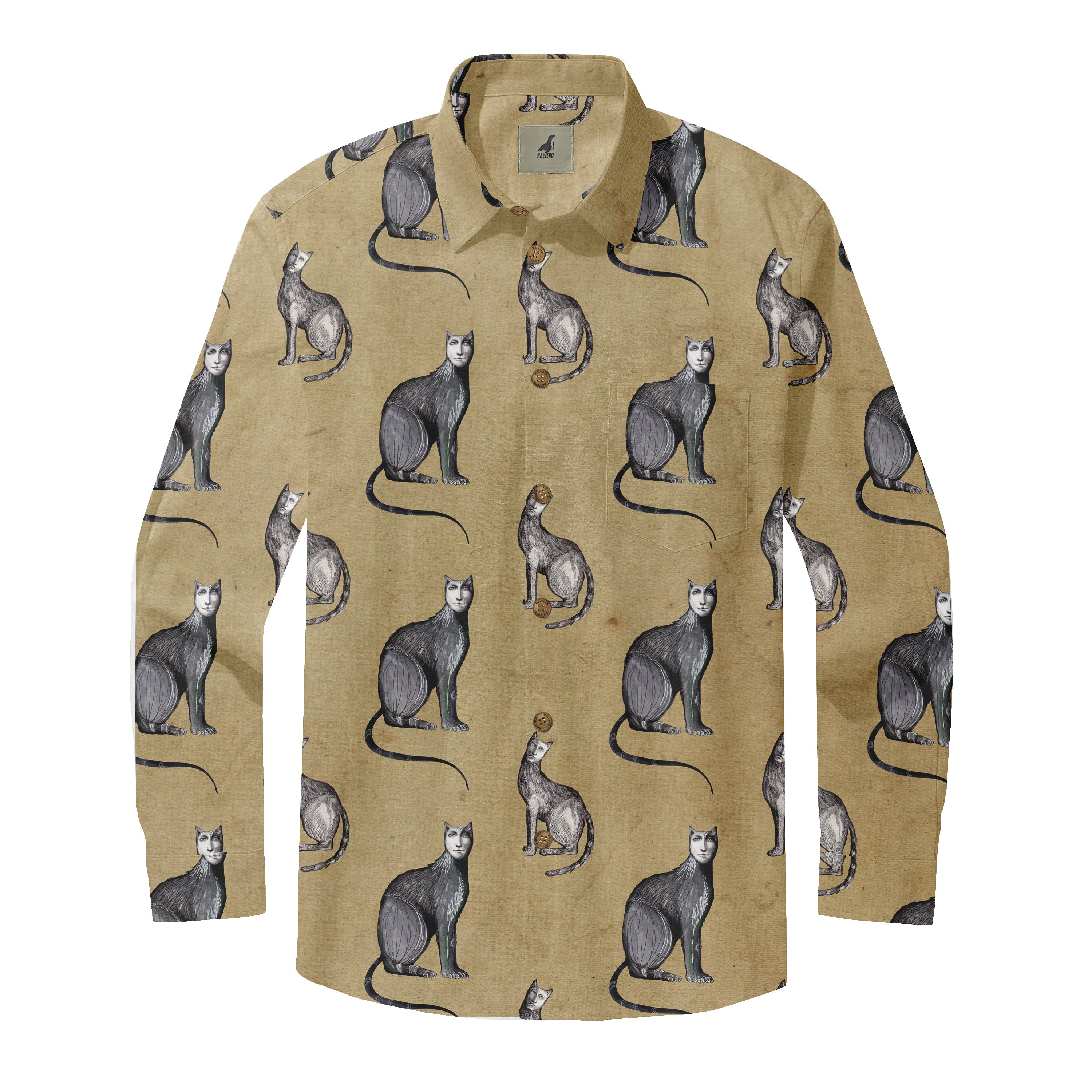 Beige long-sleeve shirt with a repeating pattern of illustrated cats.
